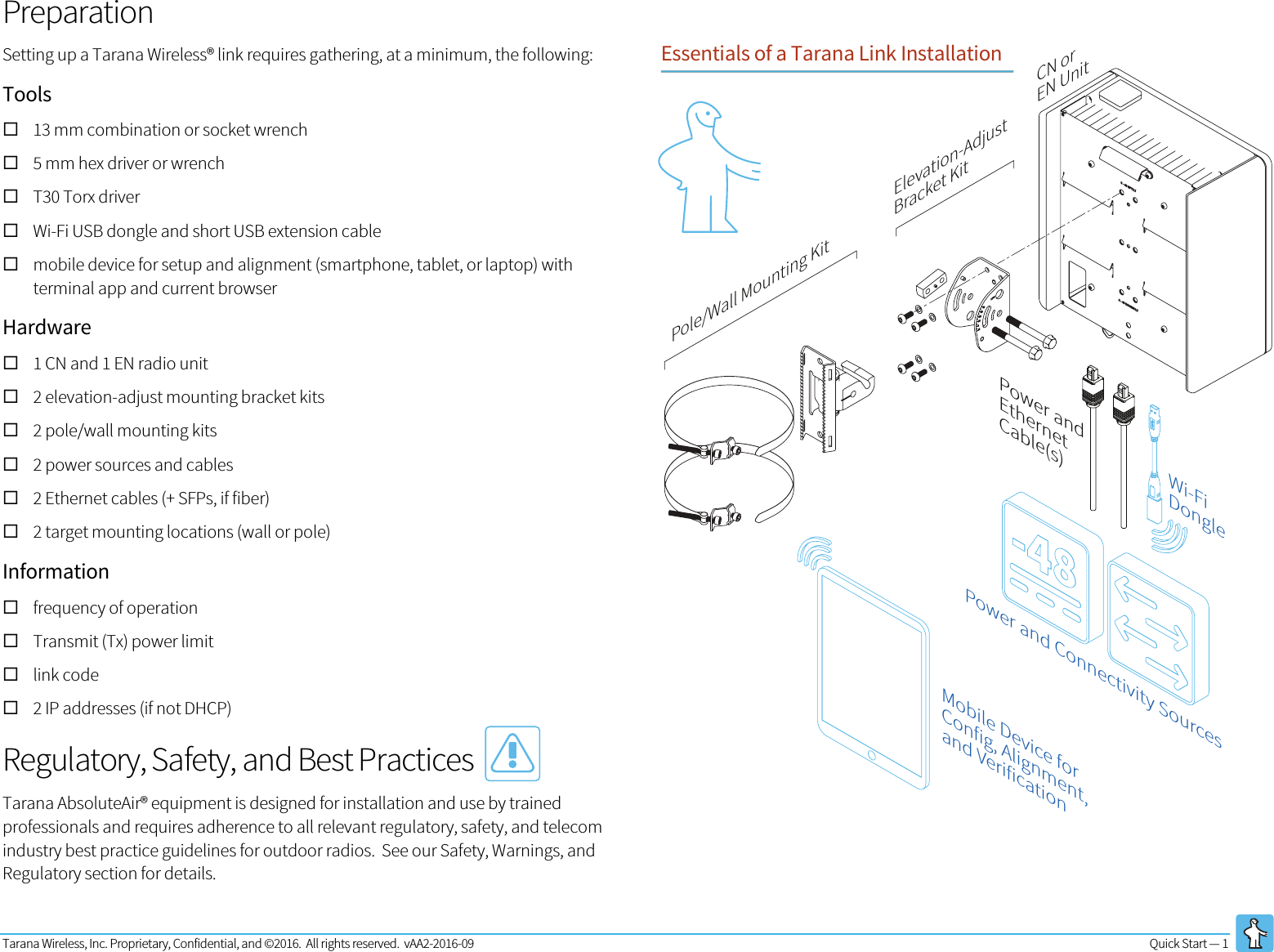 Tarana Wireless, Inc. Proprietary, Confidential, and ©2016.  All rights reserved.  vAA2-2016-09 Quick Start — 1   Preparation Setting up a Tarana Wireless® link requires gathering, at a minimum, the following: Tools ! 13 mm combination or socket wrench ! 5 mm hex driver or wrench ! T30 Torx driver ! Wi-Fi USB dongle and short USB extension cable ! mobile device for setup and alignment (smartphone, tablet, or laptop) with terminal app and current browser Hardware ! 1 CN and 1 EN radio unit ! 2 elevation-adjust mounting bracket kits ! 2 pole/wall mounting kits ! 2 power sources and cables ! 2 Ethernet cables (+ SFPs, if fiber) ! 2 target mounting locations (wall or pole) Information ! frequency of operation ! Transmit (Tx) power limit ! link code ! 2 IP addresses (if not DHCP) Regulatory, Safety, and Best Practices   Tarana AbsoluteAir® equipment is designed for installation and use by trained professionals and requires adherence to all relevant regulatory, safety, and telecom industry best practice guidelines for outdoor radios.  See our Safety, Warnings, and Regulatory section for details. Power and Connectivity SourcesCN or EN UnitElevation-AdjustBracket KitPower andEthernetCable(s)Wi-FiDongleMobile Device for Config, Alignment, and VerificationPole/Wall Mounting KitEssentials of a Tarana Link Installation 