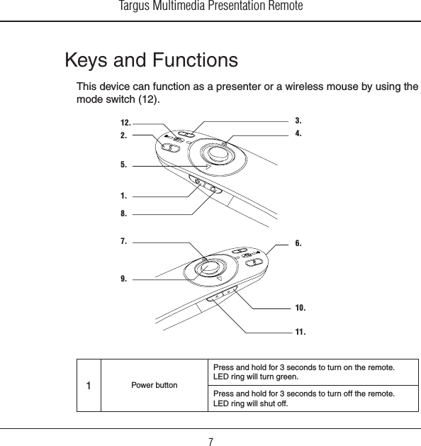 Targus Multimedia Presentation Remote71.2.3.4.5.6.7.8.9.10.11.12.Keys and FunctionsThis device can function as a presenter or a wireless mouse by using the mode switch (12).1Power buttonPress and hold for 3 seconds to turn on the remote.LED ring will turn green.Press and hold for 3 seconds to turn off the remote.LED ring will shut off.