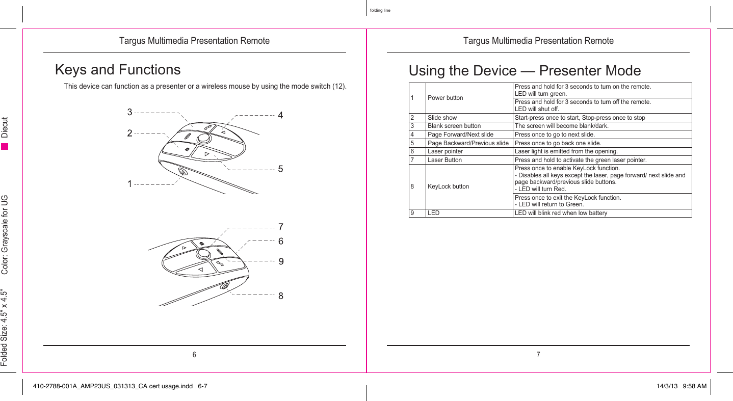 Targus Multimedia Presentation Remote Targus Multimedia Presentation Remote6 7folding lineFolded Size: 4.5” x 4.5” Color: Grayscale for UG DiecutKeys and FunctionsThis device can function as a presenter or a wireless mouse by using the mode switch (12).Using the Device — Presenter Mode 1Power buttonPress and hold for 3 seconds to turn on the remote.LED will turn green.Press and hold for 3 seconds to turn o the remote.LED will shut o.2Slide show Start-press once to start, Stop-press once to stop3Blank screen button The screen will become blank/dark.4Page Forward/Next slide Press once to go to next slide.5Page Backward/Previous slide Press once to go back one slide.6Laser pointer Laser light is emitted from the opening.7Laser Button Press and hold to activate the green laser pointer.8KeyLock buttonPress once to enable KeyLock function.- Disables all keys except the laser, page forward/ next slide and page backward/previous slide buttons.- LED will turn Red.Press once to exit the KeyLock function.- LED will return to Green.9LED LED will blink red when low battery410-2788-001A_AMP23US_031313_CA cert usage.indd   6-7 14/3/13   9:58 AM