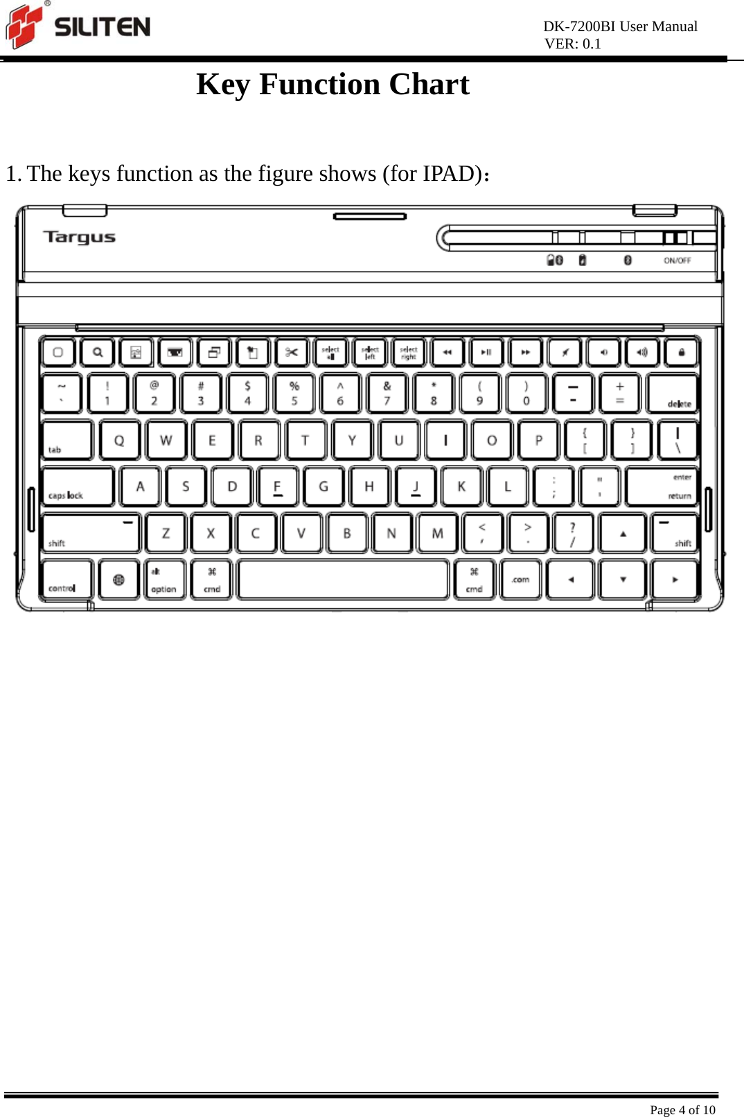 DK-7200BI User Manual VER: 0.1  Page 4 of 10 Key Function Chart  1. The keys function as the figure shows (for IPAD)：  