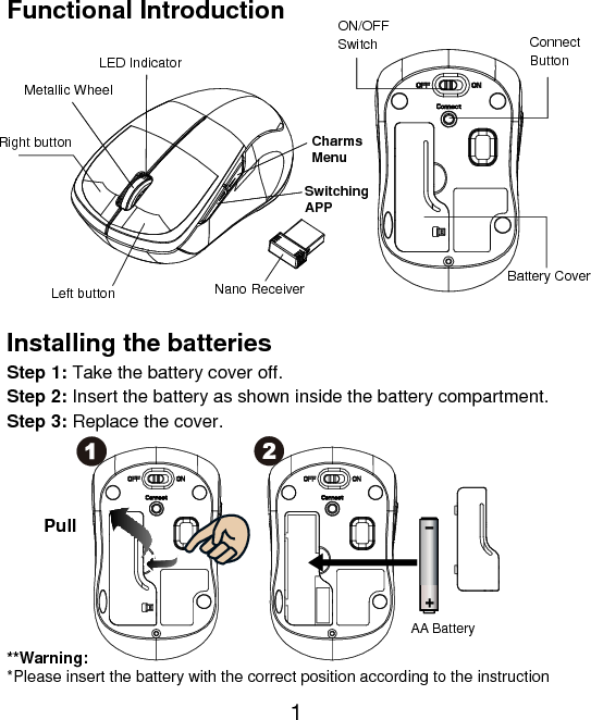  1 Functional Introduction              Installing the batteries Step 1: Take the battery cover off. Step 2: Insert the battery as shown inside the battery compartment. Step 3: Replace the cover.           **Warning: *Please insert the battery with the correct position according to the instruction     AA Battery Left button Right button Battery Cover Metallic Wheel Connect  Button  ON/OFFSwitch Nano Receiver LED Indicator Pull Charms Menu SwitchingAPP 