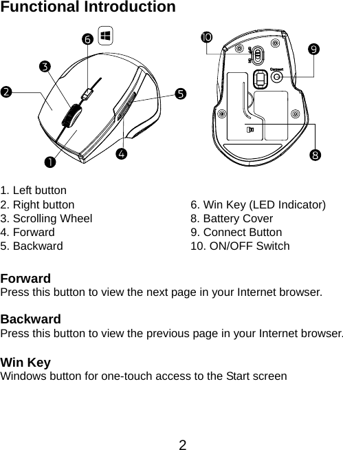  2 Functional Introduction             1. Left button 2. Right button  6. Win Key (LED Indicator) 3. Scrolling Wheel  8. Battery Cover 4. Forward  9. Connect Button 5. Backward  10. ON/OFF Switch  Forward  Press this button to view the next page in your Internet browser.  Backward  Press this button to view the previous page in your Internet browser.  Win Key Windows button for one-touch access to the Start screen   