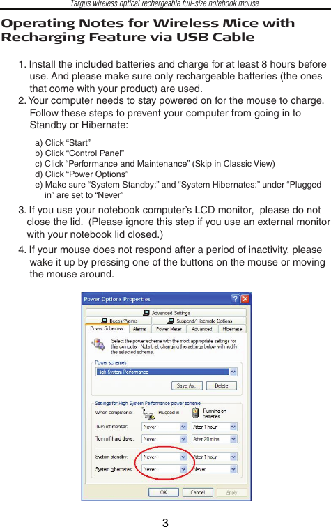 Page 4 of 7 - Targus Targus-Wireless-Optical-Rechargeable-Full-Size-Notebook-Mouse-Users-Manual- AMW0501EU  Targus-wireless-optical-rechargeable-full-size-notebook-mouse-users-manual