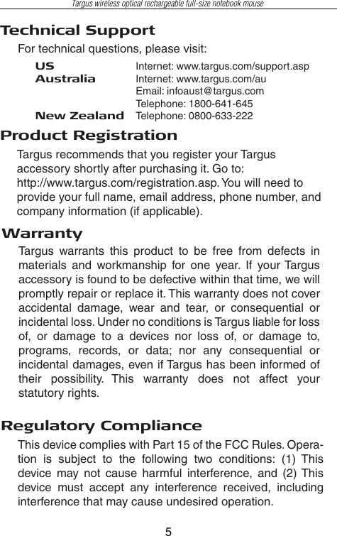Page 6 of 7 - Targus Targus-Wireless-Optical-Rechargeable-Full-Size-Notebook-Mouse-Users-Manual- AMW0501EU  Targus-wireless-optical-rechargeable-full-size-notebook-mouse-users-manual