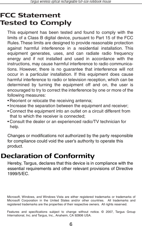 Page 7 of 7 - Targus Targus-Wireless-Optical-Rechargeable-Full-Size-Notebook-Mouse-Users-Manual- AMW0501EU  Targus-wireless-optical-rechargeable-full-size-notebook-mouse-users-manual