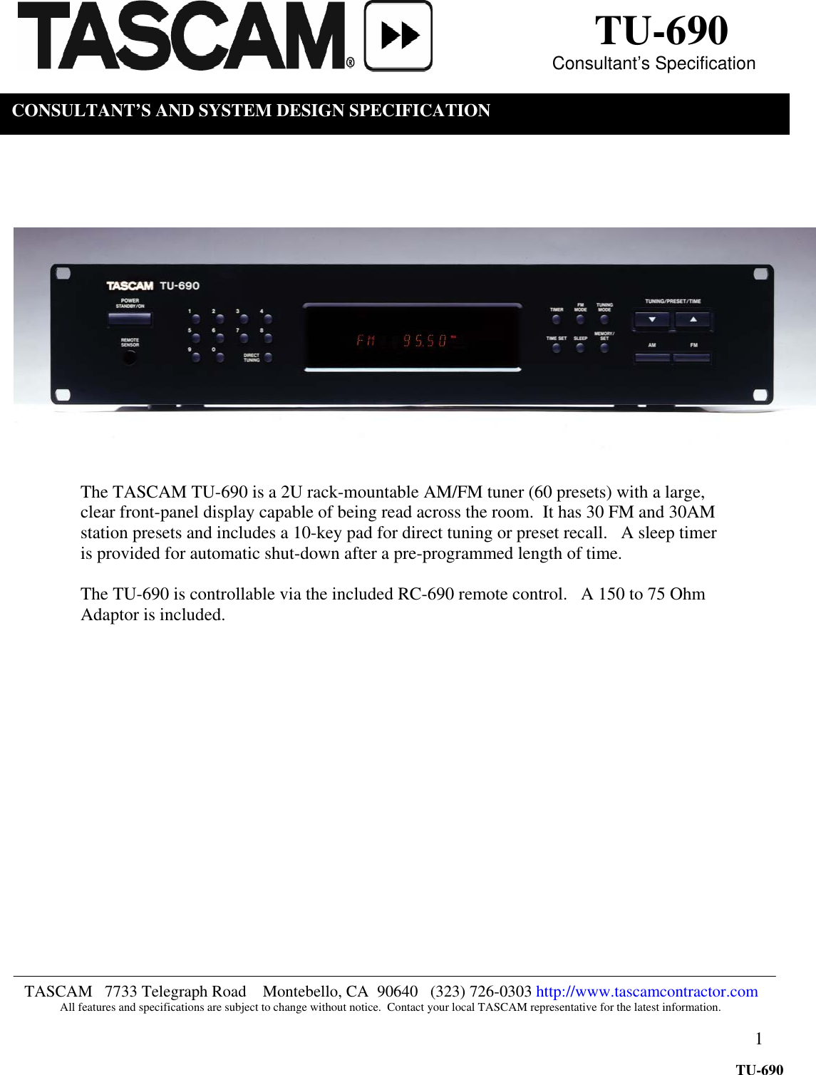 Page 1 of 1 - Tascam Tascam-Tu-690-Users-Manual-  Tascam-tu-690-users-manual