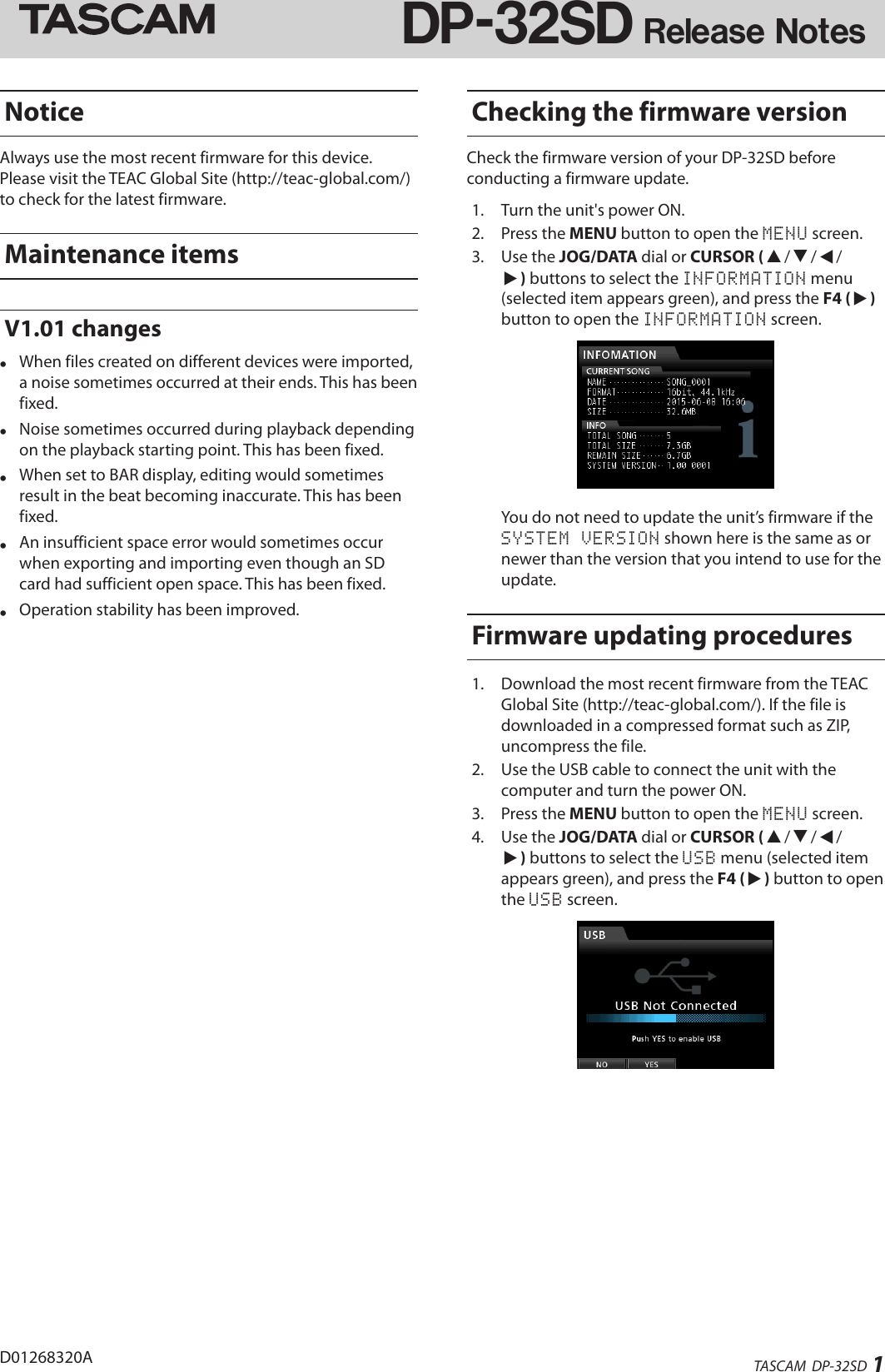 Page 1 of 2 - Tascam DP-32SD Release Notes E Rn Va