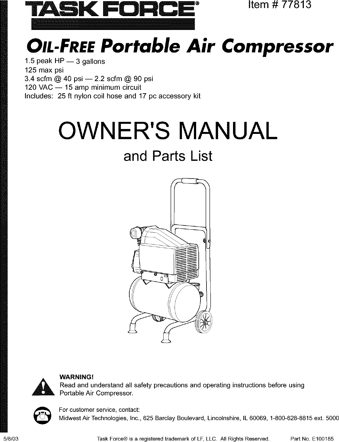 Page 1 of 11 - Task Force LFI23DVA User Manual  AIR COMPRESSOR - Manuals And Guides L0402165