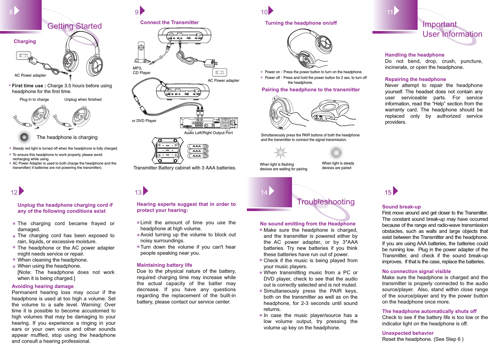 Handling the headphone Do not bend, drop, crush, puncture, incinerate, or open the headphone.Repairing the headphoneNever attempt to repair the headphone yourself. The headset does not contain any user serviceable parts. For service information, read the “Help” section from the warranty card. The headphone should be replaced only by authorized service providers.ImportantUser Information11812 13Getting StartedTo ensure this headphone to work properly, please avoid recharging while using.AC Power Adapter is used to both charge the headphone and the transmitter( if batteries are not powering the transmitter).Steady red light is turned off when the headphone is fully charged.The headphone is charging9Power offřPress and hold the power button for 2 sec. to turn off                        the headphone.Power onřPress the power button to turn on the headphone.Turning the headphone on/off10First time use : Charge 3.5 hours before using headphone for the first time.ChargingPlug in to charge Unplug when finishedAC Power adapterAvoiding hearing damage Permanent hearing loss may occur if the headphone is used at too high a volume. Set the volume to a safe level. Warning: Over time it is possible to become accustomed to high volumes that may be damaging to your hearing. If you experience a ringing in your ears or your own voice and other sounds appear muffled, stop using the headphone and consult a hearing professional.Hearing experts suggest that in order to protect your hearing:Limit the amount of time you use the headphone at high volume.Avoid turning up the volume to block out noisy surroundings.Turn down the volume if you can&apos;t hear people speaking near you.Maintaining battery lifeDue to the physical nature of the battery, required charging time may increase while the actual capacity of the batter may decrease. If you have any questions regarding the replacement of the built-in battery, please contact our service center.15No sound emitting from the HeadphoneMake sure the headphone is charged, and the transmitter is powered either by the AC power adapter, or by 3*AAA batteries. Try new batteries if you think these batteries have run out of power.Check if the music is being played from your music players.When transmitting music from a PC or DVD player, check to see that the audio out is correctly selected and is not muted.Simultaneously press the PAIR keys, both on the transmitter as well as on the headphone, for 2-3 seconds until sound returns.In case the music player/source has a low volume output, try pressing the volume up key on the headphone.15Sound break-upFirst move around and get closer to the Transmitter.  The constant sound break-up may have occurred because of the range and radio-wave transmission obstacles, such as walls and large objects that exist between the Transmitter and the headphone.  If you are using AAA batteries, the batteries could be running low.  Plug in the power adapter of the Transmitter, and check if the sound break-up improves.  If that is the case, replace the batteries. No connection signal visibleMake sure the headphone is charged and the transmitter is properly connected to the audio source/player.  Also, stand within close range of the source/player and try the power button on the headphone once more.The headphone automatically shuts offCheck to see if the battery life is too low or the indicator light on the headphone is off.Unexpected behaviorReset the headphone. (See Step 6 )Troubleshooting 14Connect the TransmitterAC Power adapter Audio Left/Right Output PortMP3,CD Player or DVD PlayerTransmitter Battery cabinet with 3 AAA batteries.AAAAAAAAAAAAAAAAAAUnplug the headphone charging cord ifany of the following conditions existThe charging cord became frayed or damaged.The charging cord has been exposed to rain, liquids, or excessive moisture.The headphone or the AC power adapter might needs service or repair.When cleaning the headphone.When using the headphone.[Note: The headphone does not work when it is being charged.]Simultaneously press the PAIR buttons of both the headphone and the transmitter to connect the signal transmission. When light is steady devices are pairedPairing the headphone to the transmitterWhen light is flashing devices are waiting for pairing