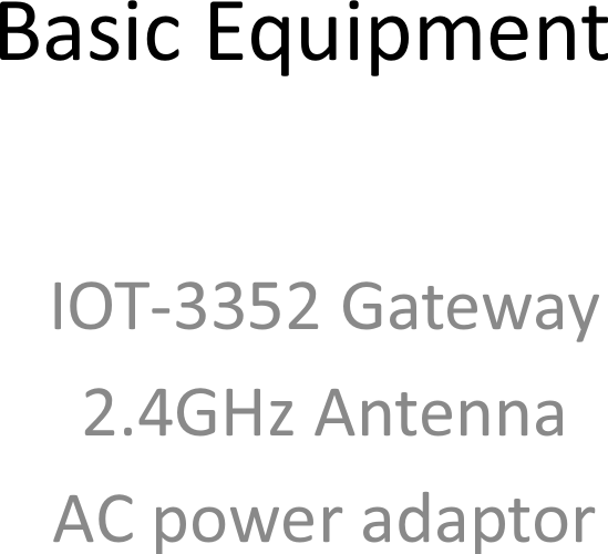 Basic EquipmentIOT-3352 Gateway2.4GHz AntennaAC power adaptor