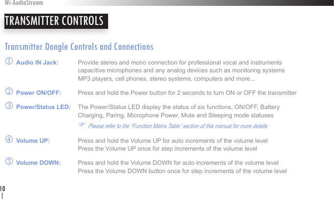Transmitter Dongle Controls and Connectionsj Audio IN Jack:   Provide stereo and mono connection for professional vocal and instruments        capacitive microphones and any analog devices such as monitoring systems      MP3 players, cell phones, stereo systems, computers and more... k Power ON/OFF:   Press and hold the Power button for 2 seconds to turn ON or OFF the transmitterl Power/Status LED:   The Power/Status LED display the status of six functions, ON/OFF, Battery       Charging, Paring, Microphone Power, Mute and Sleeping mode statuses    F Please refer to the “Function Matrix Table” section of this manual for more detailsm Volume UP:   Press and hold the Volume UP for auto increments of the volume level      Press the Volume UP once for step increments of the volume level        n Volume DOWN:   Press and hold the Volume DOWN for auto increments of the volume level      Press the Volume DOWN button once for step increments of the volume level        TRANSMITTER CONTROLSWi-AudioStream10