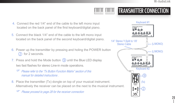     4.  Connect the red 1/4” end of the cable to the left mono input          located on the back panel of the rst keyboard/digital piano.   5.  Connect the black 1/4” end of the cable to the left mono input         located on the back panel of the second keyboard/digital piano.   6.  Power up the transmitter by pressing and holing the POWER button                        for 2 seconds.    7.  Press and hold the Mode button       until the Blue LED display           two fast ashes for stereo Line-in mode operations.           F Please refer to the “Tx Button Function Matrix” section of this                   manual for detailed instructions .         8.  Place the transmitter (Tx) dongle on top of your musical instrument.          Alternatively the receiver can be placed on the next to the musical instrument.          F Please proceed to page 28 for the receiver connectionTRANSMITTER CONNECTION Wi-AudioLink25k(L/MONO)(L/MONO)Keyboard #1Keyboard #2(Tx)1/4” Stereo Y-Split to 1/8’ Stereo Cablerkr