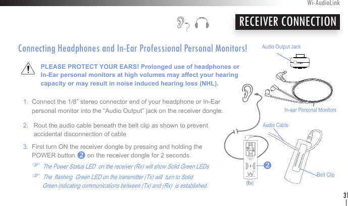 Connecting Headphones and In-Ear Professional Personal Monitors!             PLEASE PROTECT YOUR EARS! Prolonged use of headphones or               In-Ear personal monitors at high volumes may affect your hearing               capacity or may result in noise induced hearing loss (NHL).     1.  Connect the 1/8” stereo connector end of your headphone or In-Ear         personal monitor into the “Audio Output” jack on the receiver dongle.   2.   Rout the audio cable beneath the belt clip as shown to prevent           accidental disconnection of cable   3.  First turn ON the receiver dongle by pressing and holding the         POWER button       on the receiver dongle for 2 seconds.          F The Power Status LED  on the receiver (Rx) will show Solid Green LEDs            F The  ashing  Green LED on the transmitter (Tx) will  turn to Solid                   Green indicating communications between (Tx) and (Rx)  is established.    RECEIVER CONNECTIONWi-AudioLink31vBelt ClipAudio CableAudio Output JackIn-ear Personal Monitorsv(Rx)