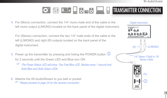    4.  For (Mono) connection, connect the 1/4” mono male end of the cable to the          left mono output (L/MONO) located on the back panel of the digital instrument.            For (Stereo) connection, connect the two 1/4” male ends of the cable to the          left (L/MONO) and right (R) outputs located on the back panel of the          digital instrument.      5.  Power up the transmitter by pressing and holing the POWER button k          for 2 seconds until the Green LED and Blue turn ON                       F The Power Status LED will show  Two Fast Blue LED  ashes every 1 second and                    Solid Blue and Solid Green LEDs             6.  Attache the Wi-AudioStream to you belt or pocket        F Please proceed to page 24 for the receiver connection TRANSMITTER CONNECTION   Wi-AudioStream23(L/MONO)Digital Instrumentk(R)(Tx)1/4” Stereo Y-Split to 1/8’ Stereo Cable