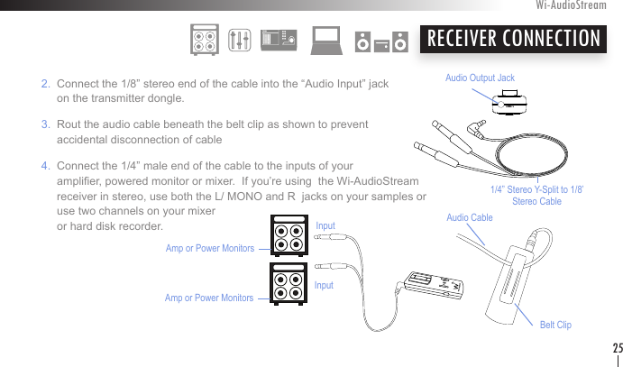    2.  Connect the 1/8” stereo end of the cable into the “Audio Input” jack          on the transmitter dongle.   3.  Rout the audio cable beneath the belt clip as shown to prevent          accidental disconnection of cable   4.  Connect the 1/4” male end of the cable to the inputs of your          amplier, powered monitor or mixer.  If you’re using  the Wi-AudioStream         receiver in stereo, use both the L/ MONO and R  jacks on your samples or         use two channels on your mixer        or hard disk recorder.RECEIVER CONNECTIONWi-AudioStream25Belt ClipAudio CableAudio Output Jack1/4” Stereo Y-Split to 1/8’ Stereo CablePOWERLINKAmp or Power MonitorsAmp or Power MonitorsInputInput