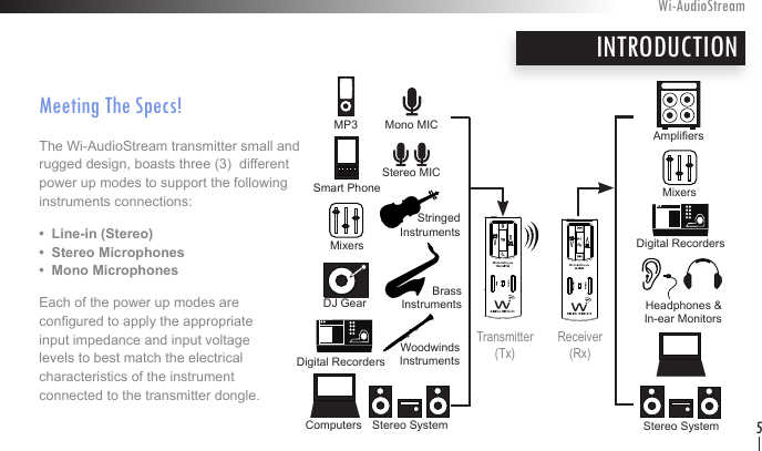 Meeting The Specs!The Wi-AudioStream transmitter small and  rugged design, boasts three (3)  different power up modes to support the following  instruments connections:  •  Line-in (Stereo) •  Stereo Microphones •  Mono Microphones  Each of the power up modes are  congured to apply the appropriate  input impedance and input voltage levels to best match the electrical  characteristics of the instrument  connected to the transmitter dongle. INTRODUCTIONWi-AudioStream5Transmitter  (Tx)Receiver  (Rx)Mono MICStereo MICStringed InstrumentsBrassInstrumentsWoodwinds InstrumentsStereo SystemMP3Smart PhoneMixersDJ GearDigital RecordersComputersAmpliersMixersStereo SystemDigital RecordersHeadphones &amp;  In-ear Monitors