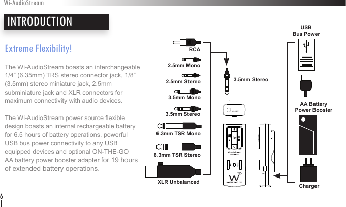 Extreme Flexibility!The Wi-AudioStream boasts an interchangeable 1/4” (6.35mm) TRS stereo connector jack, 1/8” (3.5mm) stereo miniature jack, 2.5mm  subminiature jack and XLR connectors for  maximum connectivity with audio devices.The Wi-AudioStream power source exible  design boasts an internal rechargeable battery  for 6.5 hours of battery operations, powerful  USB bus power connectivity to any USB  equipped devices and optional ON-THE-GO  AA battery power booster adapter for 19 hours  of extended battery operations.INTRODUCTIONWi-AudioStream6XLR Unbalanced6.3mm TSR Stereo6.3mm TSR Mono3.5mm Stereo3.5mm Mono2.5mm Stereo2.5mm MonoRCAChargerUSB  Bus Power3.5mm StereoAA Battery  Power Booster