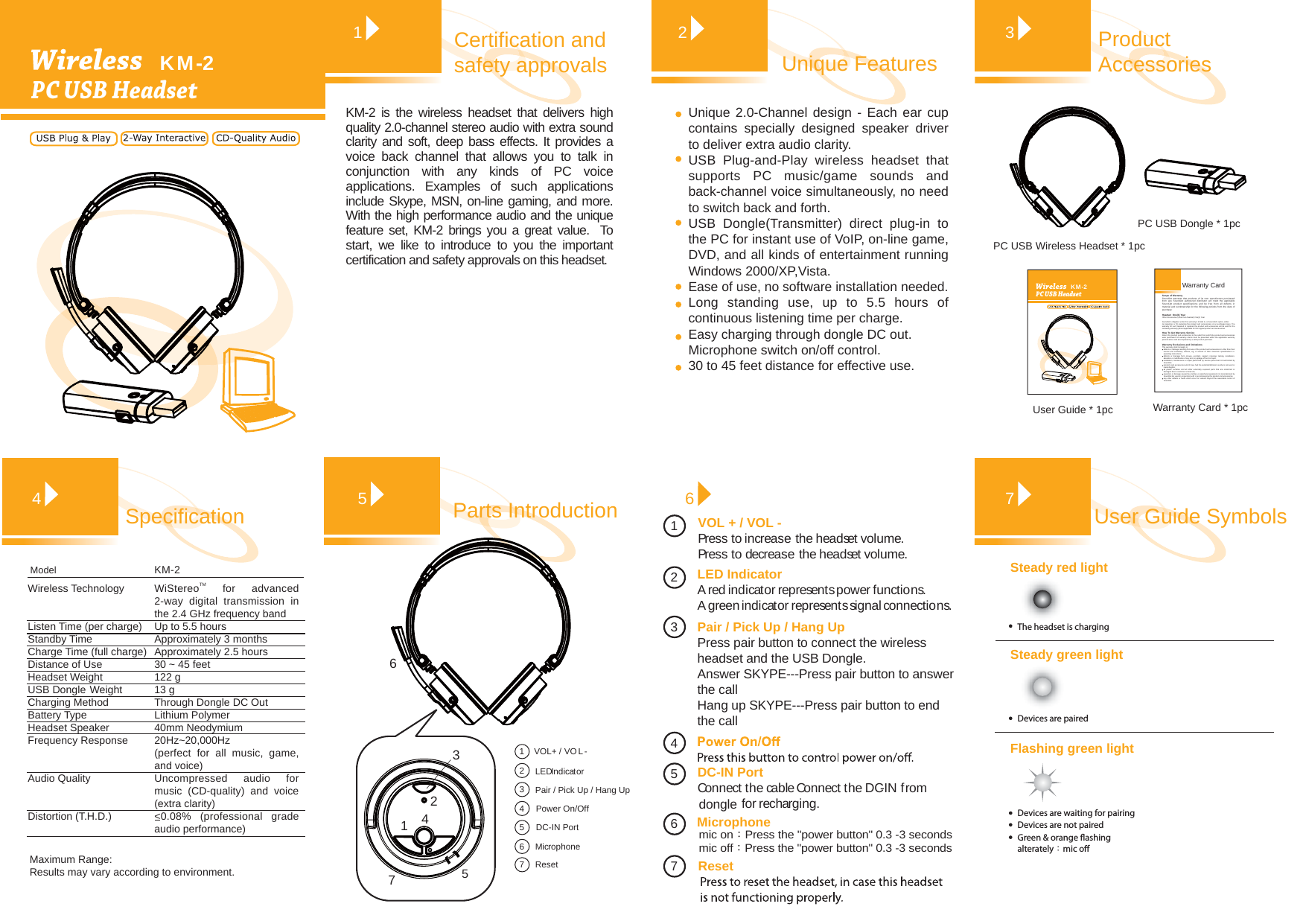 Certification and safety approvals Unique FeaturesSpecificationProduct AccessoriesUser Guide SymbolsWarranty CardScope of WarrantySoundJet warrants that products of its own manufacture purchased from any SoundJet authorized distributor will meet the applicabl e SoundJet product specifications and be free from all defects in material and workmanship for the following periods from the date of purchase: Headset  One(1) YearOther Accessories (other than headset) One(1) YearSoundJet&apos;s obligation under this warranty is limited to, at SoundJet&apos;s option, either:(a) repairing; or (b) replacing the product and accessories on an exchange basis. The warranty for such repaired or replaced the product and accessories will be valid for the remaining warranty period applicable for the original product and accessories.How To Get Warranty ServiceReturn the product and accessories to the outlet from which the product and accessories were purchased. All warranty claims must be presented within the applicable warranty periods above and accompanied by a valid proof-of-purchase.Warranty Exclusions and limitationsThis warranty shall not apply to:defects or damage resulting from use of the product and accessories in other than their normal and customary manner, eg, in excess of their maximum specifications or operating instructions;defects or damage form misuse, accident, neglect, improper testing, installation, alteration or modification of any kind, or spillage of food or liquid.installation, maintenance or repair performed by service personnel not authorized by SoundJet;products and accessories which have had the serial/identification numbers removed or made illegible;all plastic surfaces and all other externally exposed parts that are scratched or damaged due to customer normal use;operation or damage caused by ancillary or peripheral equipment not manufactured by SoundJet but used in conjunction with or accompanying the product and accessories.any other defects or faults which occur for reasons beyond the reasonable control of SoundJet.1 2 374PC USB Dongle * 1pcWarranty Card * 1pcUser Guide * 1pcPC USB Wireless Headset * 1pcParts Introduction 5 Pair / Pick Up / Hang UpDC-IN PortPower On/OffVOL+ / VO L-LED IndicatorMicrophone123456Reset Reset756137426PC Wireless TechnologyListen Time (per charge)Standby TimeCharge Time (full charge)Distance of UseHeadset WeightUSB Dongle WeightCharging MethodBattery TypeHeadset SpeakerFrequency ResponseAudio QualityDistortion (T.H.D.)ModelMicrophoneDC-IN PortConnect the cable Connect the DC-IN from  for recharging. LED IndicatorA red indicator represents power functions.A green indicator represents signal connections.VOL + / VOL -Pres s  t o  increase the headset volume.Press  to decrease  the headset volume.1234567PC PC USB HeadsetMaximum Range:Results may vary according to environment.PC USB HeadsetUnique 2.0-Channel design - Each ear cup contains specially designed speaker driver to deliver extra audio clarity.USB Plug-and-Play wireless headset that supports PC music/game sounds and back-channel voice simultaneously, no need to switch back and forth.USB Dongle(Transmitter) direct plug-in to the PC for instant use of VoIP, on-line game, DVD, and all kinds of entertainment running Windows 2000/XP,Vista.Ease of use, no software installation needed.Long standing use, up to 5.5 hours of continuous listening time per charge.Easy charging through dongle DC out.Microphone switch on/off control.30 to 45 feet distance for effective use.Pair / Pick Up / Hang UpPress pair button to connect the wireless headset and the USB Dongle.Answer SKYPE---Press pair button to answer the callHang up SKYPE---Press pair button to end the calldongleKM-2KM-2 is the wireless headset that delivers high quality 2.0-channel stereo audio with extra sound clarity and soft, deep bass effects. It provides a voice back channel that allows you to talk in conjunction with any kinds of PC voice applications. Examples of such applications include Skype, MSN, on-line gaming, and more. With the high performance audio and the unique feature set, KM-2 brings you a great value.  To start, we like to introduce to you the important certification and safety approvals on this headset.KM-2KM-2 Steady red lightSteady green lightFlashing green lightDevices are waiting for pairingDevices are pairedThe headset is chargingDevices are not pairedGreen &amp; orange ashing alterately：mic oWiStereoTM for advanced 2-way digital transmission in the 2.4 GHz frequency bandUp to 5.5 hoursApproximately 3 monthsApproximately 2.5 hours30 ~ 45 feet 122 g13 gThrough Dongle DC OutLithium Polymer 40mm Neodymium20Hz~20,000Hz(perfect for all music, game, and voice)Uncompressed audio for music (CD-quality) and voice (extra clarity)&lt;0.08% (professional grade audio performance)  mic on：Press the &quot;power button&quot; 0.3 -3 secondsmic off：Press the &quot;power button&quot; 0.3 -3 seconds