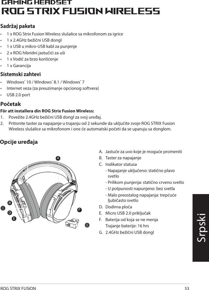 ROG STRIX FUSION 53SrpskiA.   Jastuče za uvo koje je moguće promenitiB.   Taster za napajanjeC.   Indikator statusa   -  Napajanje uključeno: statično plavo svetlo  -  Prilikom punjenja: statično crveno svetlo  - U potpunosti napunjeno: bez svetla  -  Malo preostalog napajanja: trepćuće ljubičasto svetlo D.   Dodirna pločaE.   Micro USB 2.0 priključakF.   Baterija od koja se ne menja   Trajanje baterije:  16 hrs G.   2.4GHz bežični USB donglOpcije uređaja1ROG STRIX FUSIONGetting Star A. Changeable ear-cushionsB. Power switchC. Status Indicator     -Power on: static blue light     -While charging: static red light      -Fully charged: red light off     -Low-power: blinking purple lightD. Touch plateE. Micro USB 2.0 connectorF. Unchangeable battery    Battery life: 16 hoursG. 2.4GHz wireless USB dongle Gaming HeadsetGaming HeadsetROG STRIX Fusion Wireless ROG STRIX Fusion Wireless EnglishAFBDEGTo set up your ROG STRIX Fusion Wireless:1. Connect the 2.4GHz wireless USB dongle to your device.2. Press power switch for 2 seconds to turn on your ROG STRIX Fusion Wireless     and it will pair with the dongle automatically.Product OverviewPackage Content• 1 x ROG STRIX Fusion Wireless Gaming headset• 1 x 2.4 GHz wireless USB dongle• 1 x USB to micro-USB charging cable• 2 x ROG Hybrid ear cushions• 1 x Quick start guide• 1 x Warranty NoticeSystem Requirement• Windows® 10 / Windows® 8.1 / Windows® 7 • Internet connection (for downloading optional software) • USB 2.0 portCSadržaj paketa•   1 x ROG Strix Fusion Wireless slušalice sa mikrofonom za igrice •  1 x 2.4GHz bežični USB dongl•  1 x USB u mikro-USB kabl za punjenje•  2 x ROG hibridni jastučići za uši•  1 x Vodič za brzo korišćenje •  1 x GarancijaSistemski zahtevi•  Windows® 10 / Windows® 8.1 / Windows® 7•  Internet veza (za preuzimanje opcionog softvera) •  USB 2.0 portPočetakFör att installera din ROG Strix Fusion Wireless:1.  Povežite 2.4GHz bežični USB dongl za svoj uređaj.2.  Pritisnite taster za napajanje u trajanju od 2 sekunde da uključite svoje ROG STRIX Fusion Wireless slušalice sa mikrofonom i one će automatski početi da se uparuju sa donglom.1ROG STRIX FUSIONGetting Star A. Changeable ear-cushionsB. Power switchC. Status Indicator     -Power on: static blue light     -While charging: static red light      -Fully charged: red light off     -Low-power: blinking purple lightD. Touch plateE. Micro USB 2.0 connectorF. Unchangeable battery    Battery life: 16 hoursG. 2.4GHz wireless USB dongle Gaming HeadsetGaming HeadsetROG STRIX Fusion Wireless ROG STRIX Fusion Wireless EnglishAFBDEGTo set up your ROG STRIX Fusion Wireless:1. Connect the 2.4GHz wireless USB dongle to your device.2. Press power switch for 2 seconds to turn on your ROG STRIX Fusion Wireless     and it will pair with the dongle automatically.Product OverviewPackage Content• 1 x ROG STRIX Fusion Wireless Gaming headset• 1 x 2.4 GHz wireless USB dongle• 1 x USB to micro-USB charging cable• 2 x ROG Hybrid ear cushions• 1 x Quick start guide• 1 x Warranty NoticeSystem Requirement• Windows® 10 / Windows® 8.1 / Windows® 7 • Internet connection (for downloading optional software) • USB 2.0 portC