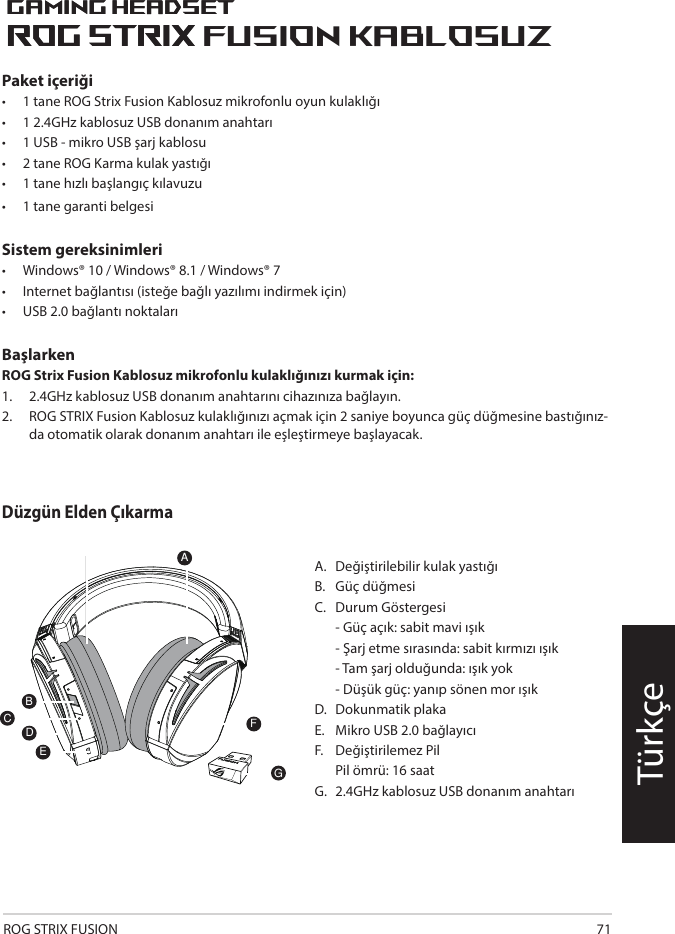 ROG STRIX FUSION 711ROG STRIX FUSIONGetting Star A. Changeable ear-cushionsB. Power switchC. Status Indicator     -Power on: static blue light     -While charging: static red light      -Fully charged: red light off     -Low-power: blinking purple lightD. Touch plateE. Micro USB 2.0 connectorF. Unchangeable battery    Battery life: 16 hoursG. 2.4GHz wireless USB dongle Gaming HeadsetGaming HeadsetROG STRIX Fusion Wireless ROG STRIX Fusion Wireless EnglishAFBDEGTo set up your ROG STRIX Fusion Wireless:1. Connect the 2.4GHz wireless USB dongle to your device.2. Press power switch for 2 seconds to turn on your ROG STRIX Fusion Wireless     and it will pair with the dongle automatically.Product OverviewPackage Content• 1 x ROG STRIX Fusion Wireless Gaming headset• 1 x 2.4 GHz wireless USB dongle• 1 x USB to micro-USB charging cable• 2 x ROG Hybrid ear cushions• 1 x Quick start guide• 1 x Warranty NoticeSystem Requirement• Windows® 10 / Windows® 8.1 / Windows® 7 • Internet connection (for downloading optional software) • USB 2.0 portCTürkçeA.  Değiştirilebilir kulak yastığıB.  Güç düğmesiC.  Durum Göstergesi   - Güç açık: sabit mavi ışık   - Şarj etme sırasında: sabit kırmızı ışık   - Tam şarj olduğunda: ışık yok  - Düşük güç: yanıp sönen mor ışık D.  Dokunmatik plakaE.  Mikro USB 2.0 bağlayıcıF.  Değiştirilemez Pil       Pil ömrü: 16 saatG.  2.4GHz kablosuz USB donanım anahtarıFusion KablosuzPaket içeriği•   1 tane ROG Strix Fusion Kablosuz mikrofonlu oyun kulaklığı •  1 2.4GHz kablosuz USB donanım anahtarı•  1 USB - mikro USB şarj kablosu•   2 tane ROG Karma kulak yastığı•   1 tane hızlı başlangıç kılavuzu •   1 tane garanti belgesiSistem gereksinimleri•   Windows® 10 / Windows® 8.1 / Windows® 7•   Internet bağlantısı (isteğe bağlı yazılımı indirmek için) •   USB 2.0 bağlantı noktalarıBaşlarkenROG Strix Fusion Kablosuz mikrofonlu kulaklığınızı kurmak için:1.  2.4GHz kablosuz USB donanım anahtarını cihazınıza bağlayın. 2.  ROG STRIX Fusion Kablosuz kulaklığınızı açmak için 2 saniye boyunca güç düğmesine bastığınız-da otomatik olarak donanım anahtarı ile eşleştirmeye başlayacak.Düzgün Elden Çıkarma1ROG STRIX FUSIONGetting Star A. Changeable ear-cushionsB. Power switchC. Status Indicator     -Power on: static blue light     -While charging: static red light      -Fully charged: red light off     -Low-power: blinking purple lightD. Touch plateE. Micro USB 2.0 connectorF. Unchangeable battery    Battery life: 16 hoursG. 2.4GHz wireless USB dongle Gaming HeadsetGaming HeadsetROG STRIX Fusion Wireless ROG STRIX Fusion Wireless EnglishAFBDEGTo set up your ROG STRIX Fusion Wireless:1. Connect the 2.4GHz wireless USB dongle to your device.2. Press power switch for 2 seconds to turn on your ROG STRIX Fusion Wireless     and it will pair with the dongle automatically.Product OverviewPackage Content• 1 x ROG STRIX Fusion Wireless Gaming headset• 1 x 2.4 GHz wireless USB dongle• 1 x USB to micro-USB charging cable• 2 x ROG Hybrid ear cushions• 1 x Quick start guide• 1 x Warranty NoticeSystem Requirement• Windows® 10 / Windows® 8.1 / Windows® 7 • Internet connection (for downloading optional software) • USB 2.0 portC