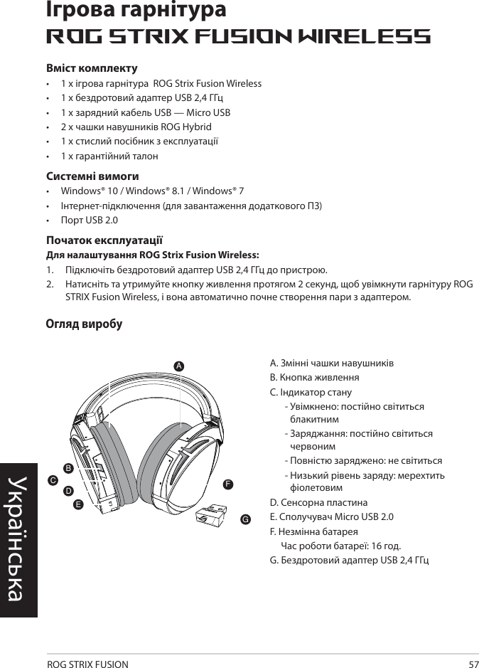 ROG STRIX FUSION 57Вміст комплекту•  1 x ігрова гарнітура  ROG Strix Fusion Wireless •  1 x бездротовий адаптер USB 2,4 ГГц•  1 x зарядний кабель USB — Micro USB•   2 x чашки навушників ROG Hybrid•   1 x стислий посібник з експлуатації •   1 x гарантійний талонСистемні вимоги•   Windows® 10 / Windows® 8.1 / Windows® 7•   Інтернет-підключення (для завантаження додаткового ПЗ) •   Порт USB 2.0Початок експлуатаціїДля налаштування ROG Strix Fusion Wireless:1.  Підключіть бездротовий адаптер USB 2,4 ГГц до пристрою.2.  Натисніть та утримуйте кнопку живлення протягом 2 секунд, щоб увімкнути гарнітуру ROG STRIX Fusion Wireless, і вона автоматично почне створення пари з адаптером.УкраїнськаІгрова гарнітураROG Strix Fusion WirelessОгляд виробу1ROG STRIX FUSIONGetting Star A. Changeable ear-cushionsB. Power switchC. Status Indicator     -Power on: static blue light     -While charging: static red light      -Fully charged: red light off     -Low-power: blinking purple lightD. Touch plateE. Micro USB 2.0 connectorF. Unchangeable battery    Battery life: 16 hoursG. 2.4GHz wireless USB dongle Gaming HeadsetGaming HeadsetROG STRIX Fusion Wireless ROG STRIX Fusion Wireless EnglishAFBDEGTo set up your ROG STRIX Fusion Wireless:1. Connect the 2.4GHz wireless USB dongle to your device.2. Press power switch for 2 seconds to turn on your ROG STRIX Fusion Wireless     and it will pair with the dongle automatically.Product OverviewPackage Content• 1 x ROG STRIX Fusion Wireless Gaming headset• 1 x 2.4 GHz wireless USB dongle• 1 x USB to micro-USB charging cable• 2 x ROG Hybrid ear cushions• 1 x Quick start guide• 1 x Warranty NoticeSystem Requirement• Windows® 10 / Windows® 8.1 / Windows® 7 • Internet connection (for downloading optional software) • USB 2.0 portCA. Змінні чашки навушниківB. Кнопка живленняC. Індикатор стану   -  Увімкнено: постійно світиться блакитним   -  Заряджання: постійно світиться червоним   - Повністю заряджено: не світиться  -  Низький рівень заряду: мерехтить фіолетовим D. Сенсорна пластина E. Сполучувач Micro USB 2.0F. Незмінна батарея     Час роботи батареї: 16 год.G. Бездротовий адаптер USB 2,4 ГГц