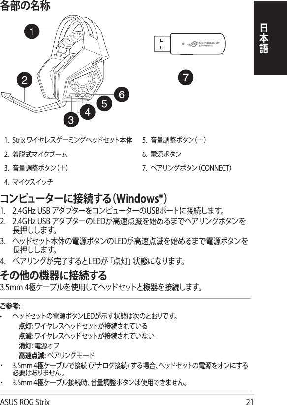 ASUS ROG Strix 21日本語各部の名称1.  Strix ワイヤレスゲーミングヘッドセット本体 5.  音量調整ボタン（−）2.  着脱式マイクブーム 6.  電源ボタン3.  音量調整ボタン（＋） 7.  ペアリングボタン（CONNECT）4.  マイクスイッチコンピューターに接続する（Windows®）1.   2.4GHz USB アダプターをコンピューターのUSBポートに接続します。2.  2.4GHz USB アダプターのLEDが高速点滅を始めるまでペアリングボタンを長押しします。3.  ヘッドセット本体の電源ボタンのLEDが高速点滅を始めるまで電源ボタンを長押しします。4.  ペアリングが完了するとLEDが「点灯」状態になります。その他の機器に接続する3.5mm 4極ケーブルを使用してヘッドセットと機器を接続します。ご参考: •  ヘッドセットの電源ボタンLEDが示す状態は次のとおりです。  点灯: ワイヤレスヘッドセットが接続されている  点滅: ワイヤレスヘッドセットが接続されていない  消灯: 電源オフ  高速点滅: ペアリングモード・  3.5mm 4極ケーブルで接続 (アナログ接続) する場合、ヘッドセットの電源をオンにする必要はありません。・  3.5mm 4極ケーブル接続時、音量調整ボタンは使用できません。