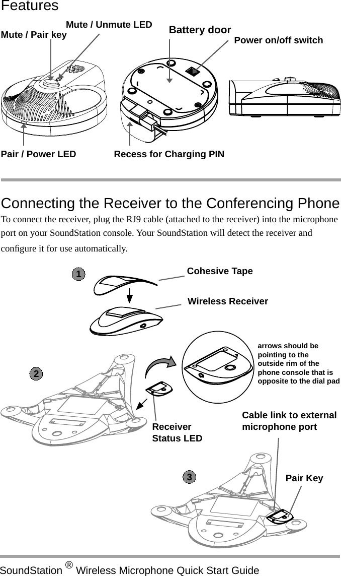 SoundStation ® Wireless Microphone Quick Start GuideFeaturesMute / Unmute LEDMute / Pair key   Power on/off switchBattery doorPair / Power LED Recess for Charging PINConnecting the Receiver to the Conferencing PhoneTo connect the receiver, plug the RJ9 cable (attached to the receiver) into the microphone port on your SoundStation console. Your SoundStation will detect the receiver and conﬁ gure it for use automatically. 213Cohesive TapeCable link to external microphone portPair KeyReceiver Status LEDWireless Receiverarrows should be pointing to the outside rim of the phone console that is opposite to the dial pad