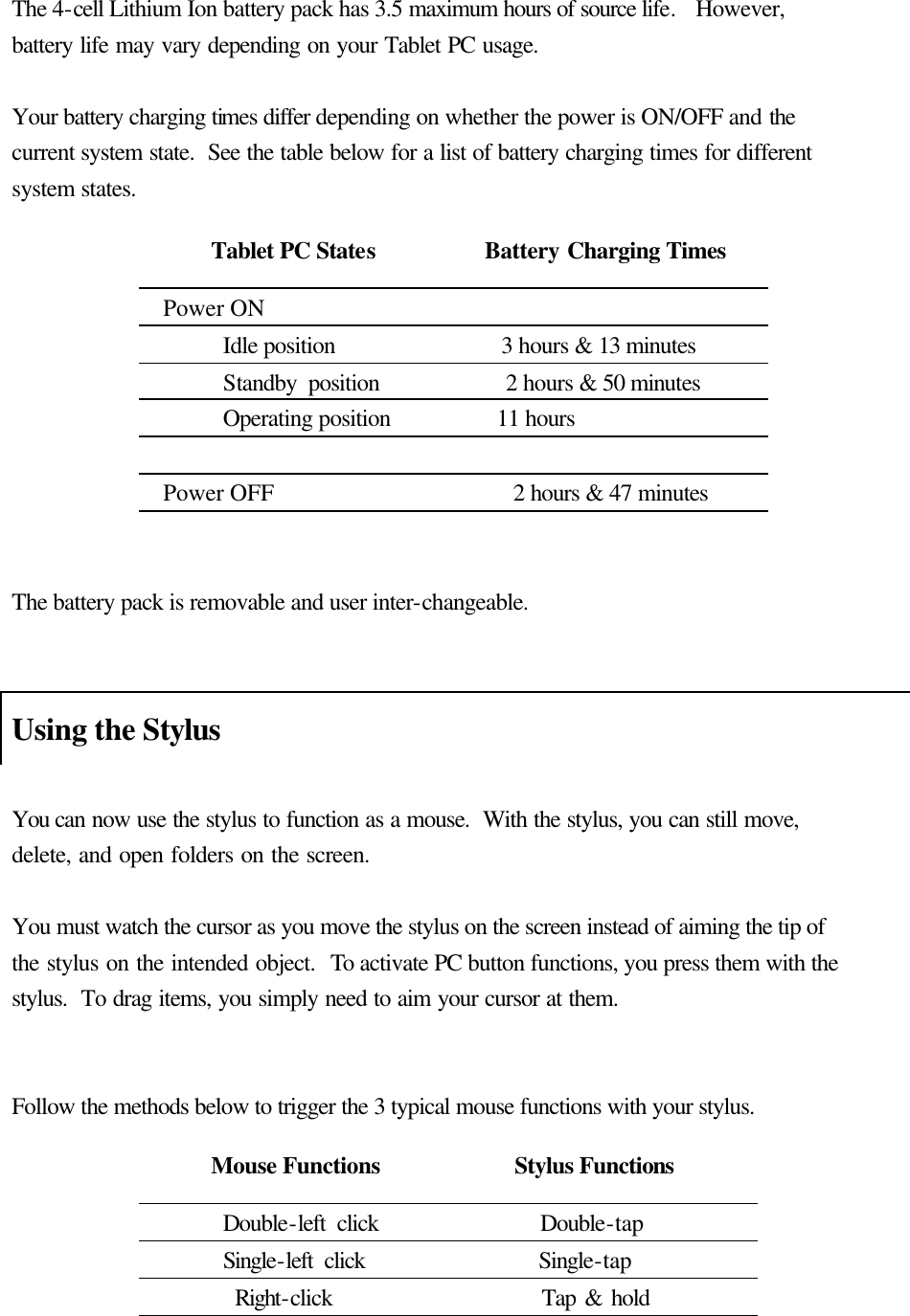  The 4-cell Lithium Ion battery pack has 3.5 maximum hours of source life.  However, battery life may vary depending on your Tablet PC usage.    Your battery charging times differ depending on whether the power is ON/OFF and the current system state.  See the table below for a list of battery charging times for different system states.             The battery pack is removable and user inter-changeable.     Using the Stylus  You can now use the stylus to function as a mouse.  With the stylus, you can still move, delete, and open folders on the screen.    You must watch the cursor as you move the stylus on the screen instead of aiming the tip of the stylus on the intended object.  To activate PC button functions, you press them with the stylus.  To drag items, you simply need to aim your cursor at them.   Follow the methods below to trigger the 3 typical mouse functions with your stylus.          Tablet PC States         Battery Charging Times   Power ON   Idle position              3 hours &amp; 13 minutes Standby position           2 hours &amp; 50 minutes       Operating position         11 hours  Power OFF                    2 hours &amp; 47 minutes  Mouse Functions           Stylus Functions       Double-left click              Double-tap       Single-left click               Single-tap        Right-click                  Tap &amp; hold  