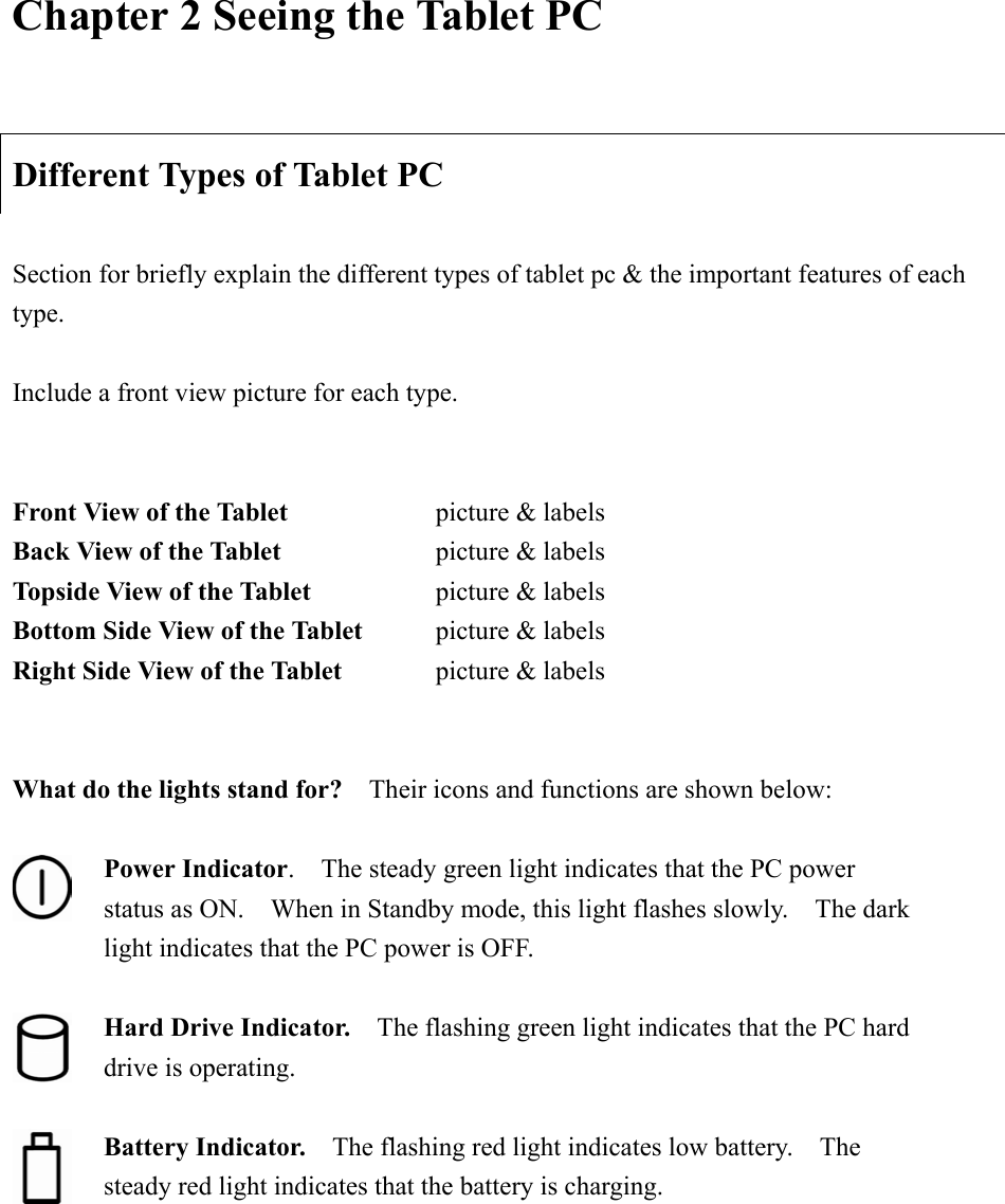 Chapter 2 Seeing the Tablet PC Different Types of Tablet PC Section for briefly explain the different types of tablet pc &amp; the important features of each type.Include a front view picture for each type. Front View of the Tablet      picture &amp; labels Back View of the Tablet      picture &amp; labels Topside View of the Tablet      picture &amp; labels Bottom Side View of the Tablet    picture &amp; labels Right Side View of the Tablet    picture &amp; labels What do the lights stand for?    Their icons and functions are shown below: Power Indicator.    The steady green light indicates that the PC power status as ON.    When in Standby mode, this light flashes slowly.    The dark light indicates that the PC power is OFF. Hard Drive Indicator.    The flashing green light indicates that the PC hard drive is operating. Battery Indicator.    The flashing red light indicates low battery.    The steady red light indicates that the battery is charging. 