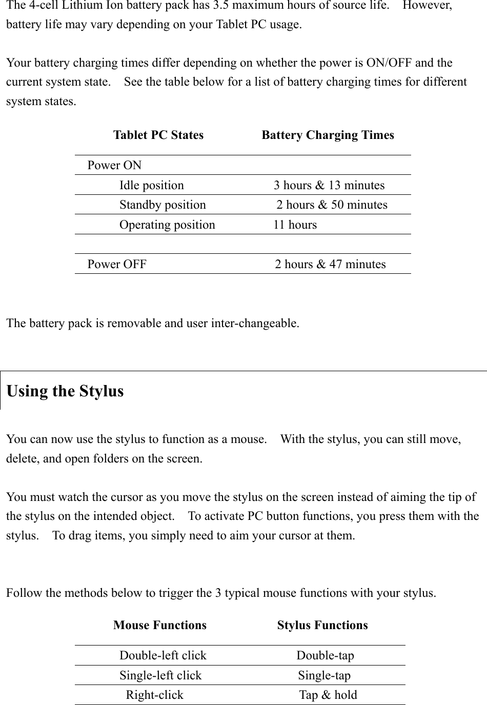 The 4-cell Lithium Ion battery pack has 3.5 maximum hours of source life.    However, battery life may vary depending on your Tablet PC usage.     Your battery charging times differ depending on whether the power is ON/OFF and the current system state.    See the table below for a list of battery charging times for different system states.   The battery pack is removable and user inter-changeable.     Using the Stylus You can now use the stylus to function as a mouse.    With the stylus, you can still move, delete, and open folders on the screen.     You must watch the cursor as you move the stylus on the screen instead of aiming the tip of the stylus on the intended object.    To activate PC button functions, you press them with the stylus.    To drag items, you simply need to aim your cursor at them. Follow the methods below to trigger the 3 typical mouse functions with your stylus.   Tablet PC States         Battery Charging Times  Power ON   Idle position              3 hours &amp; 13 minutes Standby position           2 hours &amp; 50 minutes       Operating position         11 hours Power OFF                    2 hours &amp; 47 minutes Mouse Functions           Stylus Functions       Double-left click              Double-tap       Single-left click               Single-tap        Right-click                  Tap &amp; hold 