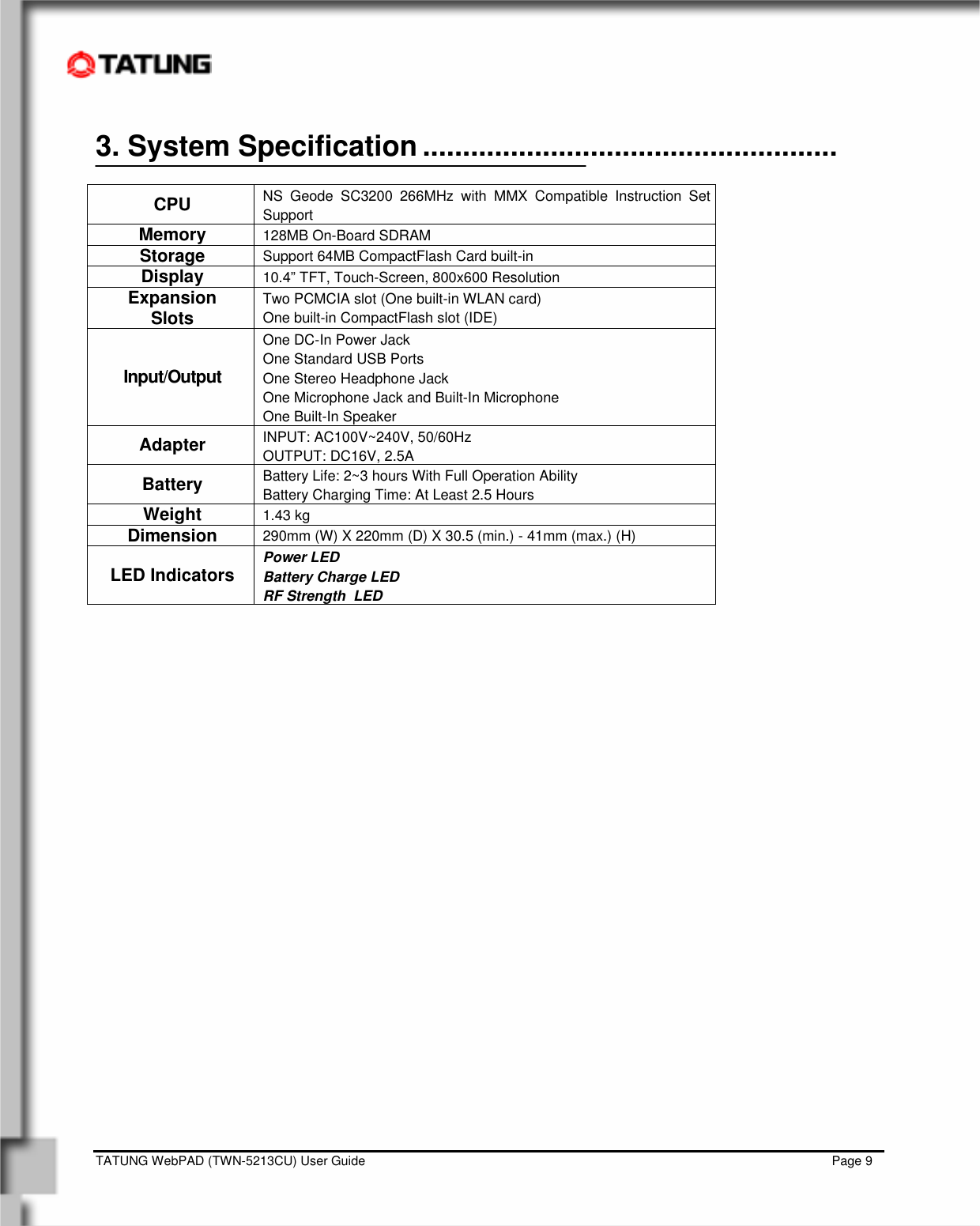    TATUNG WebPAD (TWN-5213CU) User Guide                                                                                                                                   Page 9 3. System Specification ....................................................  CPU  NS Geode SC3200 266MHz with MMX Compatible Instruction Set Support Memory  128MB On-Board SDRAM Storage  Support 64MB CompactFlash Card built-in Display  10.4” TFT, Touch-Screen, 800x600 Resolution  Expansion Slots  Two PCMCIA slot (One built-in WLAN card) One built-in CompactFlash slot (IDE) Input/Output One DC-In Power Jack One Standard USB Ports One Stereo Headphone Jack One Microphone Jack and Built-In Microphone One Built-In Speaker Adapter  INPUT: AC100V~240V, 50/60Hz OUTPUT: DC16V, 2.5A Battery  Battery Life: 2~3 hours With Full Operation Ability Battery Charging Time: At Least 2.5 Hours Weight  1.43 kg  Dimension  290mm (W) X 220mm (D) X 30.5 (min.) - 41mm (max.) (H) LED Indicators  Power LED Battery Charge LED RF Strength  LED 