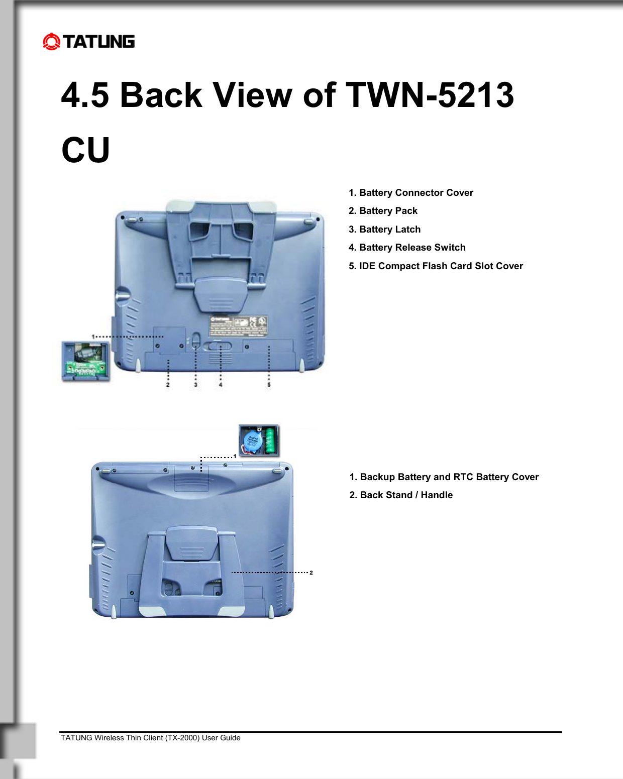    TATUNG Wireless Thin Client (TX-2000) User Guide                                                                                                                              4.5 Back View of TWN-5213 CU 1. Battery Connector Cover 2. Battery Pack 3. Battery Latch 4. Battery Release Switch 5. IDE Compact Flash Card Slot Cover            1. Backup Battery and RTC Battery Cover 2. Back Stand / Handle                   