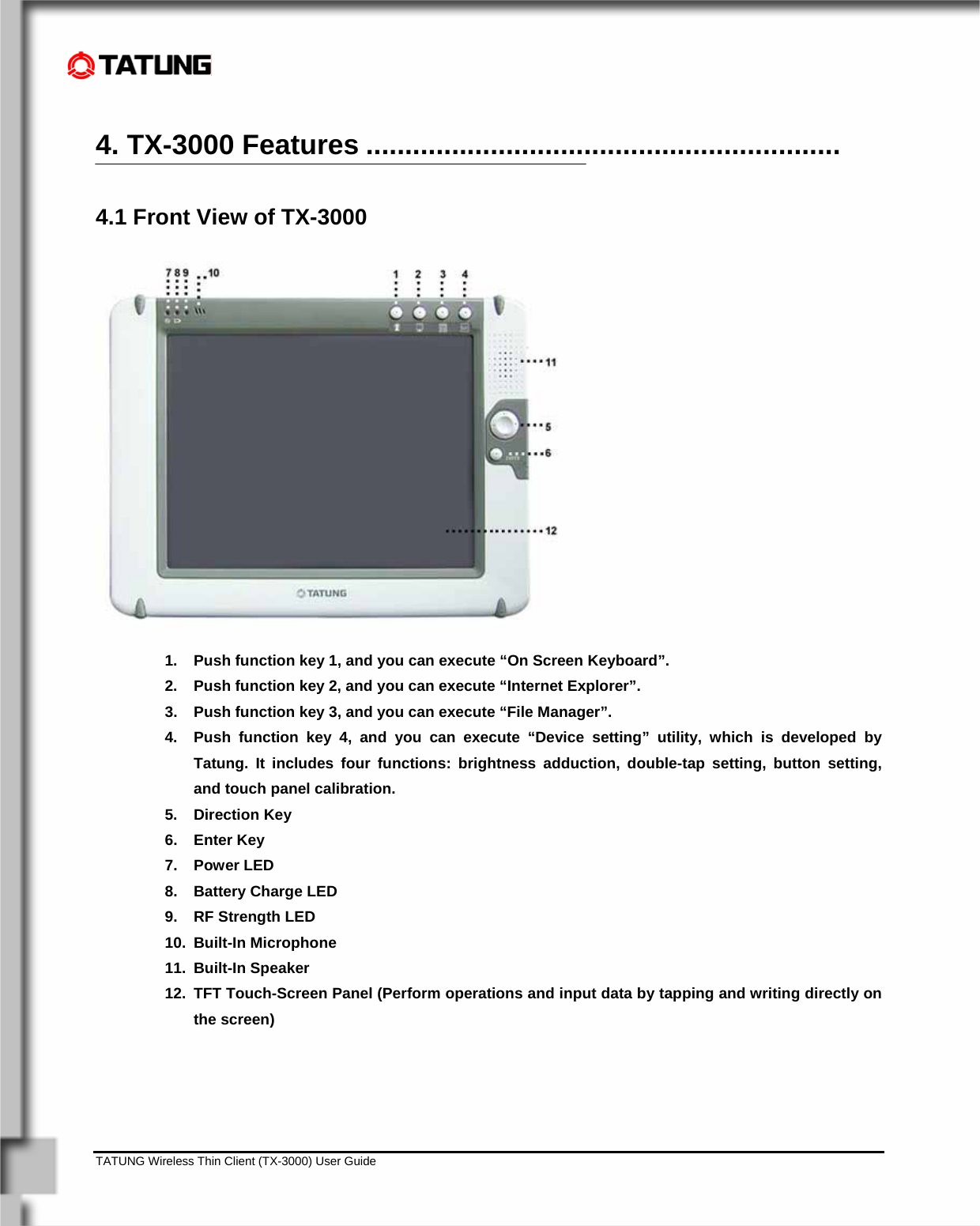    TATUNG Wireless Thin Client (TX-3000) User Guide                                                                                                                              4. TX-3000 Features ............................................................. 4.1 Front View of TX-3000  1.  Push function key 1, and you can execute “On Screen Keyboard”. 2.  Push function key 2, and you can execute “Internet Explorer”. 3.  Push function key 3, and you can execute “File Manager”. 4.  Push function key 4, and you can execute “Device setting” utility, which is developed by Tatung. It includes four functions: brightness adduction, double-tap setting, button setting, and touch panel calibration. 5. Direction Key 6. Enter Key 7.  Power LED  8.  Battery Charge LED 9. RF Strength LED 10. Built-In Microphone 11. Built-In Speaker 12.  TFT Touch-Screen Panel (Perform operations and input data by tapping and writing directly on the screen)  