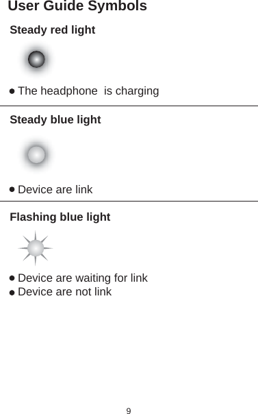 9User Guide SymbolsSteady red lightSteady blue lightDevice are linkThe headphone  is chargingFlashing blue lightDevice are waiting for linkDevice are not link