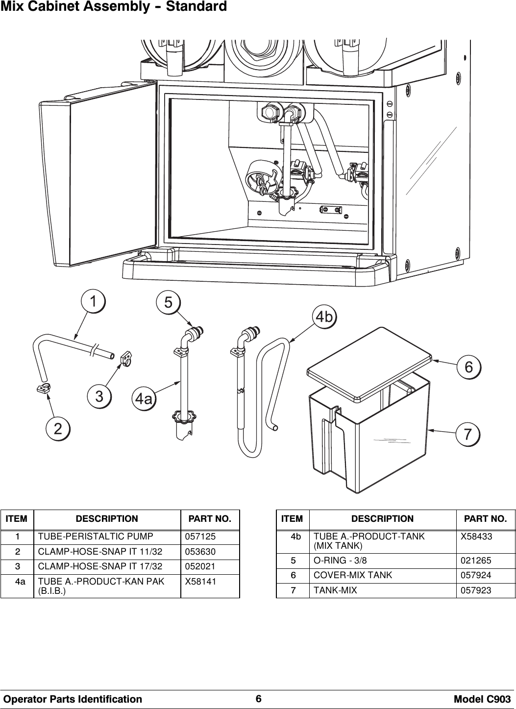 0RGHO &amp;2SHUDWRU 3DUWV ,GHQWLILFDWLRQ0L[ &amp;DELQHW $VVHPEO\  6WDQGDUG,7(0 '(6&amp;5,37,21 3$57 12TUBE-PERISTALTIC PUMP 057125CLAMP-HOSE-SNAP IT 11/32 053630CLAMP-HOSE-SNAP IT 17/32 052021D TUBE A.-PRODUCT-KAN PAK(B.I.B.) X58141,7(0 '(6&amp;5,37,21 3$57 12E TUBE A.-PRODUCT-TANK(MIX TANK) X58433O-RING - 3/8 021265COVER-MIX TANK 057924TANK-MIX 057923