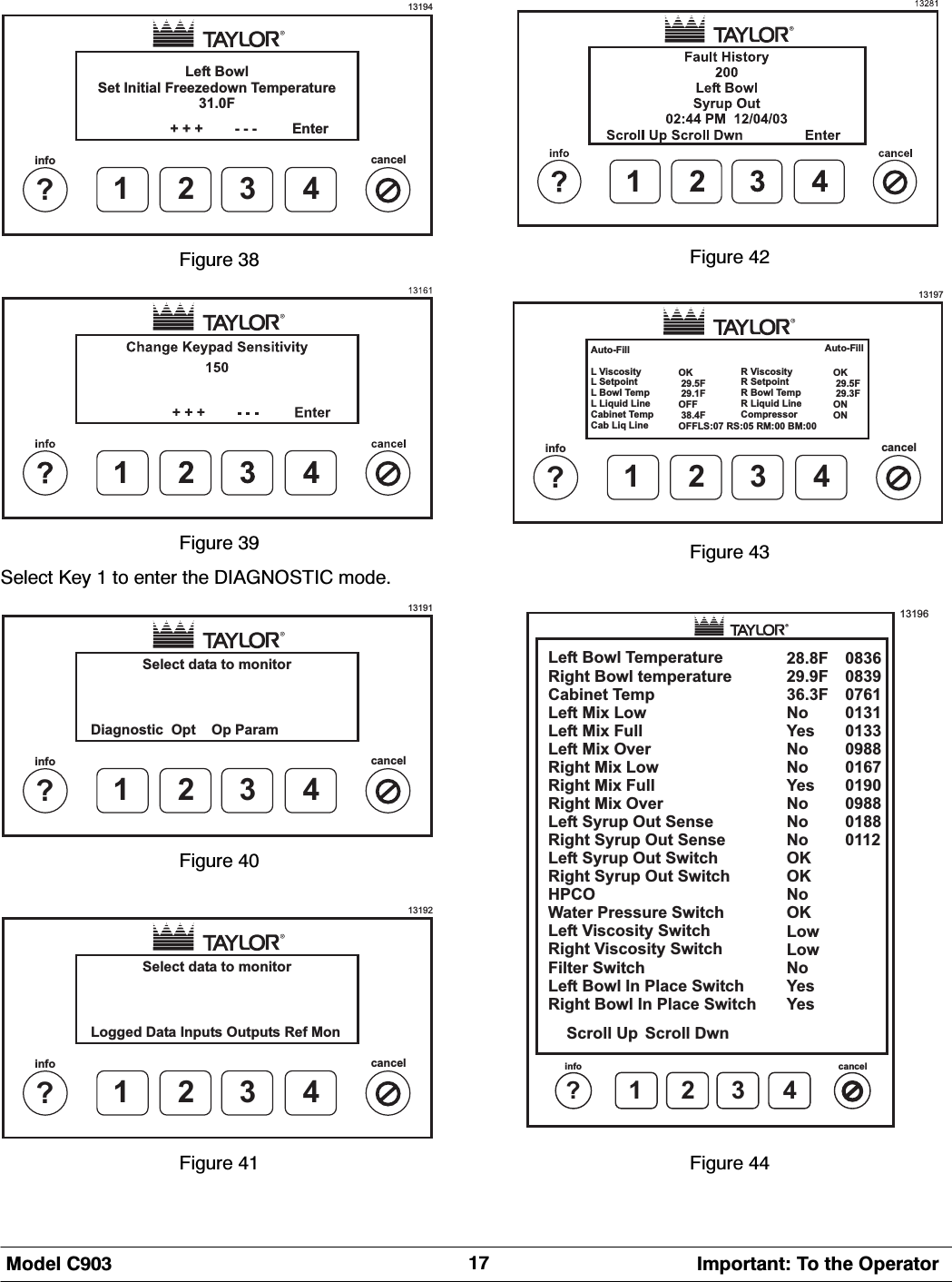 0RGHO &amp; ,PSRUWDQW 7R WKH 2SHUDWRU13194Left BowlSet Initial Freezedown Temperature31.0F1?infocancel234+ + + - - - Enter)LJXUH )LJXUH 6HOHFW .H\  WR HQWHU WKH ',$*1267,&amp; PRGH13191Select data to monitor1?infocancel234Diagnostic Opt Op Param)LJXUH 13192Select data to monitor1?infocancel234Logged Data Inputs Outputs Ref Mon)LJXUH )LJXUH 131971?infocancel234Auto-FillL ViscosityL SetpointL Bowl TempL Liquid LineCabinet TempCab Liq LineOK29.5F29.1FOFF38.4FOFFLS:07 RS:05 RM:00 BM:00R ViscosityR SetpointR Bowl TempR Liquid LineCompressorOK29.5F29.3FONONAuto-Fill)LJXUH 13196Left Bowl TemperatureRight Bowl temperatureCabinet TempLeft Mix LowLeft Mix FullLeft Mix OverRight Mix LowRight Mix FullRight Mix OverLeft Syrup Out SenseRight Syrup Out SenseLeft Syrup Out SwitchRight Syrup Out SwitchHPCOWater Pressure SwitchLeft Viscosity SwitchRight Viscosity SwitchFilter SwitchLeft Bowl In Place SwitchRight Bowl In Place Switch1?info cancel234Scroll Up Scroll Dwn0836083907610131013309880167019009880188011228.8F29.9F36.3FNoYesNoNoYesNoNoNoOKOKNoOKLowLowNoYesYes)LJXUH 