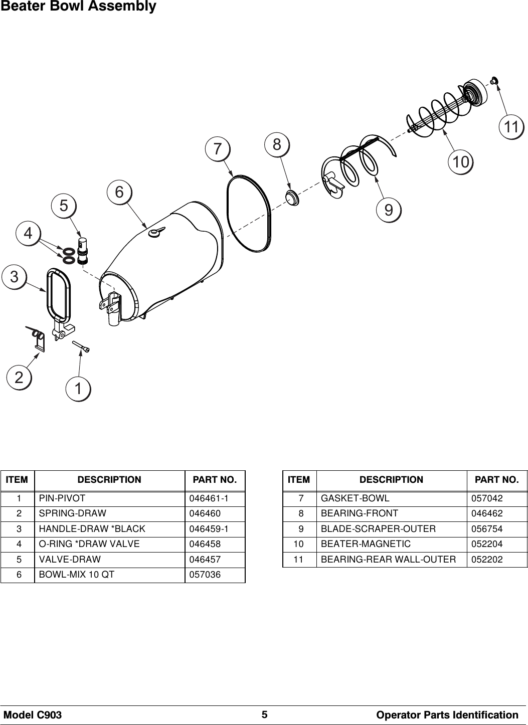 0RGHO &amp; 2SHUDWRU 3DUWV ,GHQWLILFDWLRQ%HDWHU %RZO $VVHPEO\6783511011294,7(0 '(6&amp;5,37,21 3$57 121PIN-PIVOT 046461-12SPRING-DRAW 0464603HANDLE-DRAW *BLACK 046459-14O-RING *DRAW VALVE 0464585VALVE-DRAW 0464576BOWL-MIX 10 QT 057036,7(0 '(6&amp;5,37,21 3$57 127GASKET-BOWL 0570428BEARING-FRONT 0464629BLADE-SCRAPER-OUTER 05675410 BEATER-MAGNETIC 05220411 BEARING-REAR WALL-OUTER 052202
