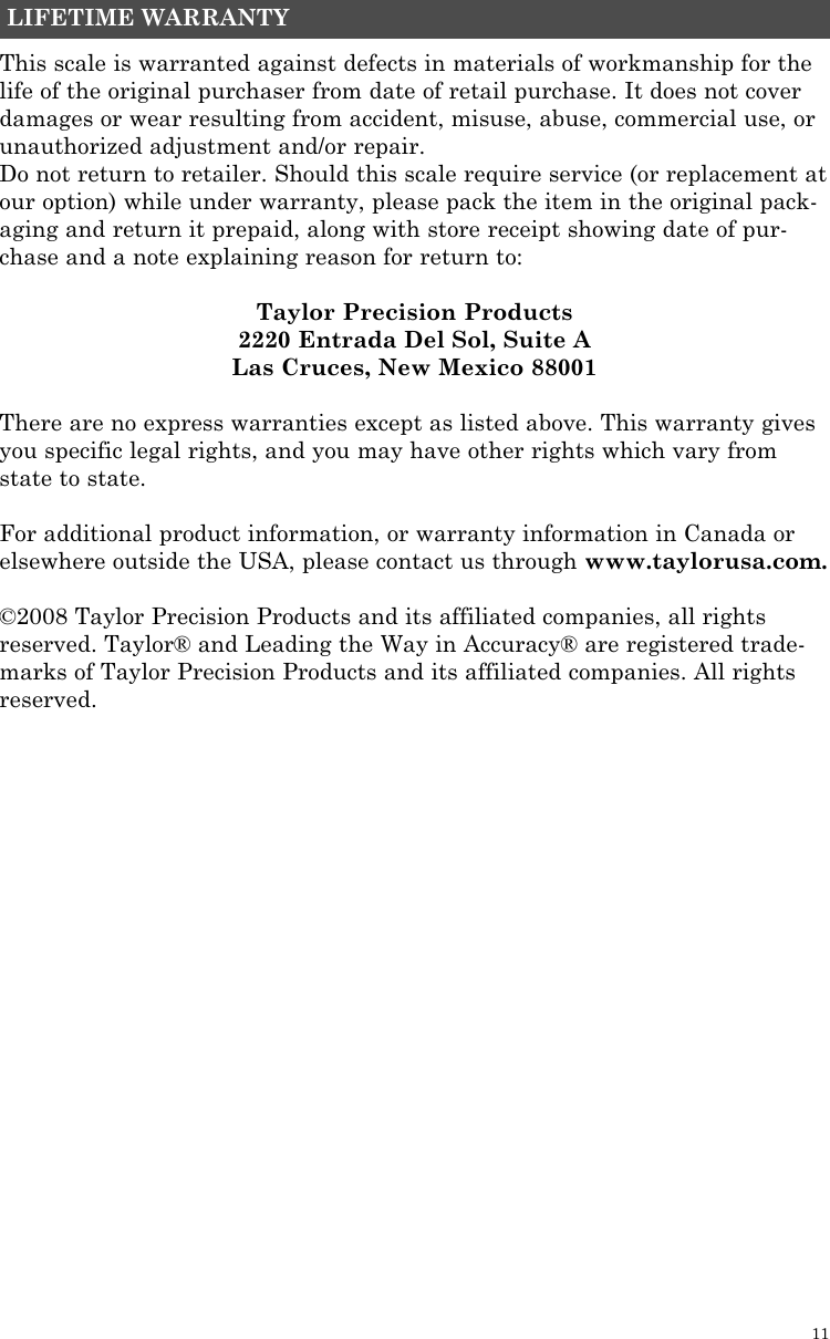 Page 11 of 12 - Taylor Taylor-Taylor-Scale-5738Bl-Users-Manual-  Taylor-taylor-scale-5738bl-users-manual