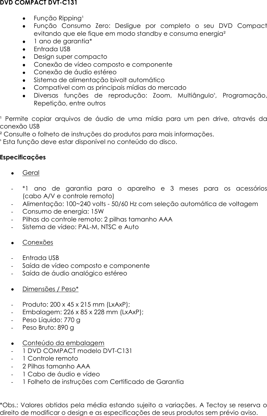 Page 1 of 1 - Tec Toy DVD Karaokê DVT-F651  Ficha Tecnica 8 Tecnica49