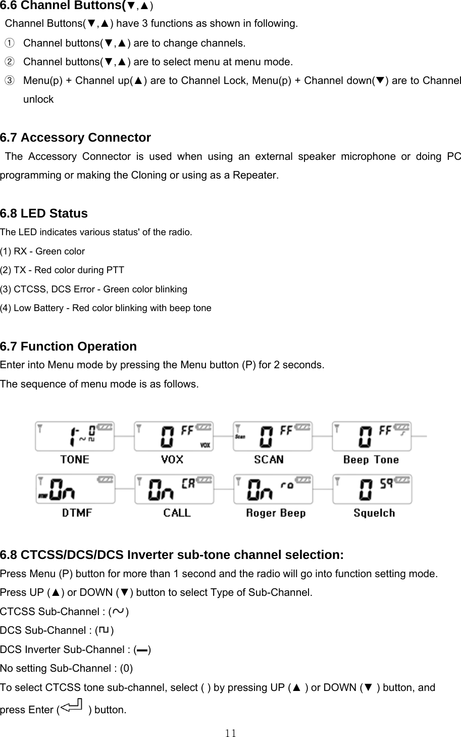  116.6 Channel Buttons(▼,▲) Channel Buttons(▼,▲) have 3 functions as shown in following. ① Channel buttons(▼,▲) are to change channels. ② Channel buttons(▼,▲) are to select menu at menu mode.   ③  Menu(p) + Channel up(▲) are to Channel Lock, Menu(p) + Channel down(▼) are to Channel unlock   6.7 Accessory Connector The Accessory Connector is used when using an external speaker microphone or doing PC programming or making the Cloning or using as a Repeater.  6.8 LED Status The LED indicates various status&apos; of the radio. (1) RX - Green color (2) TX - Red color during PTT (3) CTCSS, DCS Error - Green color blinking (4) Low Battery - Red color blinking with beep tone  6.7 Function Operation  Enter into Menu mode by pressing the Menu button (P) for 2 seconds.   The sequence of menu mode is as follows.    6.8 CTCSS/DCS/DCS Inverter sub-tone channel selection: Press Menu (P) button for more than 1 second and the radio will go into function setting mode. Press UP (▲) or DOWN (▼) button to select Type of Sub-Channel. CTCSS Sub-Channel : ( ) DCS Sub-Channel : ( ) DCS Inverter Sub-Channel : (▬) No setting Sub-Channel : (0) To select CTCSS tone sub-channel, select ( ) by pressing UP (▲ ) or DOWN (▼ ) button, and press Enter (  ) button. 