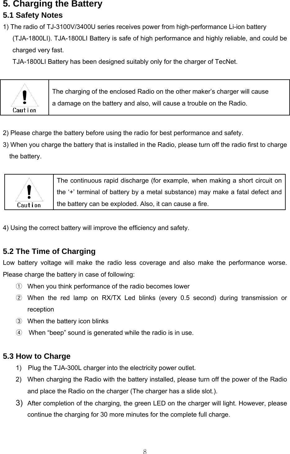  85. Charging the Battery 5.1 Safety Notes   1) The radio of TJ-3100V/3400U series receives power from high-performance Li-ion battery   (TJA-1800LI). TJA-1800LI Battery is safe of high performance and highly reliable, and could be charged very fast.   TJA-1800LI Battery has been designed suitably only for the charger of TecNet.      The charging of the enclosed Radio on the other maker’s charger will cause   a damage on the battery and also, will cause a trouble on the Radio.  2) Please charge the battery before using the radio for best performance and safety. 3) When you charge the battery that is installed in the Radio, please turn off the radio first to charge the battery.       The continuous rapid discharge (for example, when making a short circuit on the ‘+’ terminal of battery by a metal substance) may make a fatal defect and the battery can be exploded. Also, it can cause a fire.    4) Using the correct battery will improve the efficiency and safety.  5.2 The Time of Charging  Low battery voltage will make the radio less coverage and also make the performance worse. Please charge the battery in case of following:   ①  When you think performance of the radio becomes lower ②  When the red lamp on RX/TX Led blinks (every 0.5 second) during transmission or reception  ③  When the battery icon blinks ④    When “beep” sound is generated while the radio is in use.  5.3 How to Charge   1)    Plug the TJA-300L charger into the electricity power outlet. 2)  When charging the Radio with the battery installed, please turn off the power of the Radio and place the Radio on the charger (The charger has a slide slot.). 3)  After completion of the charging, the green LED on the charger will light. However, please continue the charging for 30 more minutes for the complete full charge.     