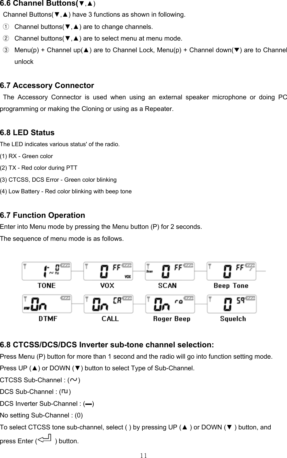  116.6 Channel Buttons(▼,▲) Channel Buttons(▼,▲) have 3 functions as shown in following. ① Channel buttons(▼,▲) are to change channels. ② Channel buttons(▼,▲) are to select menu at menu mode.   ③  Menu(p) + Channel up(▲) are to Channel Lock, Menu(p) + Channel down(▼) are to Channel unlock   6.7 Accessory Connector The Accessory Connector is used when using an external speaker microphone or doing PC programming or making the Cloning or using as a Repeater.  6.8 LED Status The LED indicates various status&apos; of the radio. (1) RX - Green color (2) TX - Red color during PTT (3) CTCSS, DCS Error - Green color blinking (4) Low Battery - Red color blinking with beep tone  6.7 Function Operation  Enter into Menu mode by pressing the Menu button (P) for 2 seconds.   The sequence of menu mode is as follows.    6.8 CTCSS/DCS/DCS Inverter sub-tone channel selection: Press Menu (P) button for more than 1 second and the radio will go into function setting mode. Press UP (▲) or DOWN (▼) button to select Type of Sub-Channel. CTCSS Sub-Channel : ( ) DCS Sub-Channel : ( ) DCS Inverter Sub-Channel : (▬) No setting Sub-Channel : (0) To select CTCSS tone sub-channel, select ( ) by pressing UP (▲ ) or DOWN (▼ ) button, and press Enter (  ) button. 