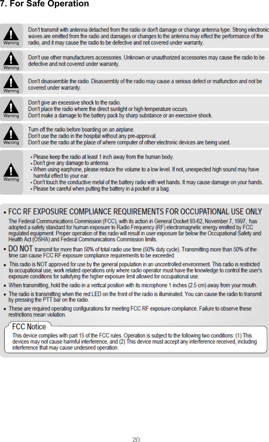  20 7. For Safe Operation    