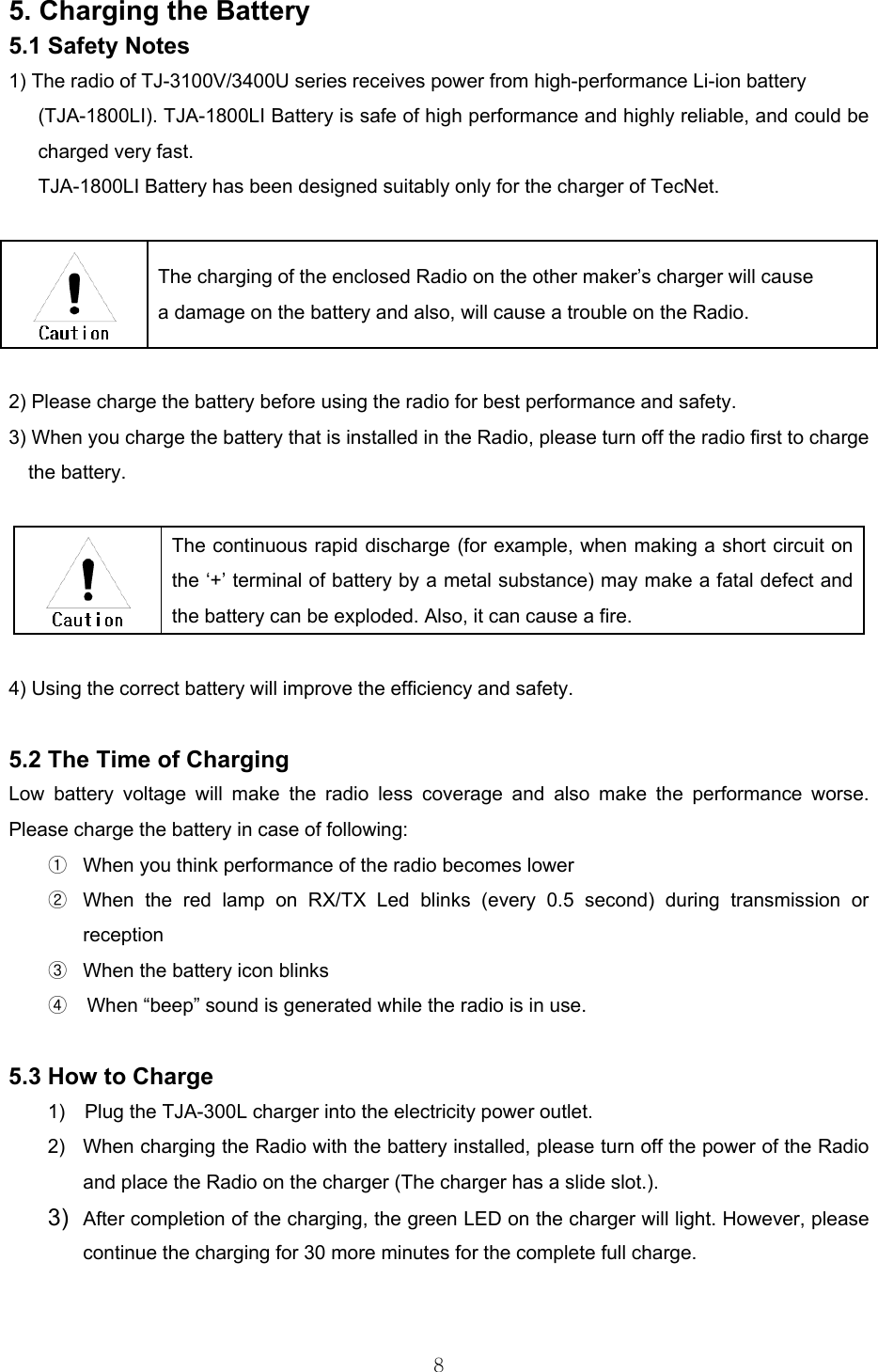  85. Charging the Battery 5.1 Safety Notes   1) The radio of TJ-3100V/3400U series receives power from high-performance Li-ion battery   (TJA-1800LI). TJA-1800LI Battery is safe of high performance and highly reliable, and could be charged very fast.   TJA-1800LI Battery has been designed suitably only for the charger of TecNet.      The charging of the enclosed Radio on the other maker’s charger will cause   a damage on the battery and also, will cause a trouble on the Radio.  2) Please charge the battery before using the radio for best performance and safety. 3) When you charge the battery that is installed in the Radio, please turn off the radio first to charge the battery.       The continuous rapid discharge (for example, when making a short circuit on the ‘+’ terminal of battery by a metal substance) may make a fatal defect and the battery can be exploded. Also, it can cause a fire.    4) Using the correct battery will improve the efficiency and safety.  5.2 The Time of Charging  Low battery voltage will make the radio less coverage and also make the performance worse. Please charge the battery in case of following:   ①  When you think performance of the radio becomes lower ②  When the red lamp on RX/TX Led blinks (every 0.5 second) during transmission or reception  ③  When the battery icon blinks ④    When “beep” sound is generated while the radio is in use.  5.3 How to Charge   1)    Plug the TJA-300L charger into the electricity power outlet. 2)  When charging the Radio with the battery installed, please turn off the power of the Radio and place the Radio on the charger (The charger has a slide slot.). 3)  After completion of the charging, the green LED on the charger will light. However, please continue the charging for 30 more minutes for the complete full charge.     