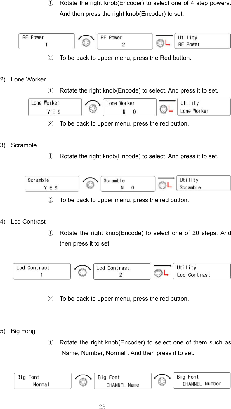 23  ①  Rotate the right knob(Encoder) to select one of 4 step powers. And then press the right knob(Encoder) to set.   ②  To be back to upper menu, press the Red button.  2) Lone Worker ①  Rotate the right knob(Encode) to select. And press it to set.  ②  To be back to upper menu, press the red button.  3) Scramble ① Rotate the right knob(Encode) to select. And press it to set.   ②  To be back to upper menu, press the red button.  4) Lcd Contrast ①  Rotate the right knob(Encode) to select one of 20 steps. And then press it to set    ②  To be back to upper menu, press the red button.   5) Big Fong ①  Rotate the right knob(Encoder) to select one of them such as “Name, Number, Normal”. And then press it to set.   