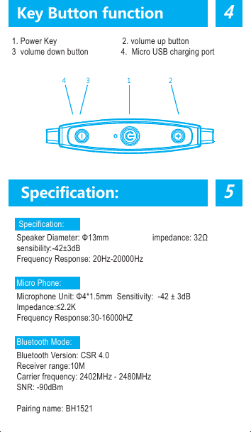 Power on: Under the condition of power off, long press the multifunctional button for 2 seconds,the blue light will flash for half a second with voice prompt of &ldquo;power on&rdquo;,then the blue indicator light will flash.Power off: Under the condition of power on,long press the multifunctional button for 3 seconds,the blue light will shine for half a second with voice prompt of &ldquo;power off&rdquo;,then the red indicator light will shine for a second and off which means powered off.Paring: Under the condition of power off,long the press the multifunctional for 3 seconds until the blue and red LED lights flashing with the voice prompt of &ldquo;pairing&rdquo;,turn on the Bluetooth function on the phone and search new devices,then paring the &ldquo;BH1521&rdquo; on the list,the blue and red lights will stop crossing flashing,only flashing with blue light after successful paring.※If stop pressing before cross flashing of blue and red light,it will enter into the status of power on,it needs to turn off the headsets to re-operation.Answer phone calls: when phone calls coming,shortly press the multifunctional button and will go with the beep prompt sound.Reject phone calls: when phone calls coming,long press the multifunctional button for 2 seconds and will go with the beep prompt sound.End calls: when on the phone,shortly press the multifunctional button and will go with the beep prompt sound.Adjust the volume when on the phone: every press on the volume up or the volume down will increase or decrease the volume and it will have the prompt sound when the volume up the maximum or minimum.Redial phone calls: when standby or playing music,double press the multifunctional button,the headsets will control the phone automatically to dials out the phone number you dialed last and it will go with the beep prompt sound. Compatible to two phones:The process is list below:a.After successful connecting with first phone,turn off the Bluetooth of 45Key Button function  Specification: Specification:Speaker Diameter: &Phi;13mm                    impedance: 32&Omega;sensibility:-42&plusmn;3dB Frequency Response: 20Hz-20000HzMicro Phone:Microphone Unit: &Phi;4*1.5mm  Sensitivity:  -42 &plusmn; 3dBImpedance:&le;2.2K                       Frequency Response:30-16000HZBluetooth Mode:Bluetooth Version: CSR 4.0                         Receiver range:10MCarrier frequency: 2402MHz - 2480MHz            SNR: -90dBmtransmitted power: classII I(-6dBm~+4dBm)              Pairing name: BH1521             1. Power Key                              2. volume up button3  volume down button               4.  Micro USB charging port134 2the first phone.b.After shutting down the headsets,reboot the headsets until the blue and red LED lights cross flashing(long press the multifunctional button for 5 seconds),enter into the status of paring again.c.Turn on the Bluetooth of the second phone and search the new device,connect the headsets follow the usual operation.d.Turn on the Bluetooth of the first phone,starting to connect with the headset again.e.Then two phones are successfully connect with the headsets.(tips:when connecting with two phones at the same time,it does not mean that you can listen to the music from those two phones,it just mean that those two phone playing music at the same time,one phone will paused or the Bluetooth is turn off,the headsets will connect with the other phone automatically.) Operation(playing musicPlaying music: operate on the phone or media player(some phones would start the music player automatically when connecting with Bluetooth stereo devices)Pause music: When playing music,Click the multifunctional button,the music will stop.Play music: (when paused the mucis)click the multifunctional button again.Volume up: Every press on the &ldquo;volume up button&rdquo;will increase the volume,it will have prompt sound when up to the max.Volume down:Every press on the &ldquo;volume down button&rdquo;will decrease the volume,it will have prompt sound when down to the min.Previous song:long press the volume up buttonNext song:long press the volume down buttonAnswer phone calls when playing music: shortly press the multifunctional button(the mucis will keep pausing)End phone calls after answering when playing music:shortly press the multifunctional button(the music will continue playing)Dial numbers when playing music: double clicking on the multifunctional button will dial the last calls before automatically(the music will keep pausing)The LED displays and relative prompt sound under kinds of condition:●Power on: The blue light will shine for one second●Power off: The red light will shine for 1 second●Pairing: The blue light and red light will shine alternately●Standby(no connecting with the Bluetooth): The blue light will shine every 2 seconds●Standby(connecting with Bluetooth): The blue light will shine twice every 3 seconds●When incoming calls:The blue light flash quickly ●When dialing: The blue light flash quickly●When on the phone: The blue light will shine twice every 3 seconds●When playing music: The blue light will shine twice every 3 seconds●When charging: The red light keep shining●Charging finished:The blue light keep shining●When in low batter: The red light will shine every 60 seconds and with the beep prompt sound.Remarks:The headsets will power off without connecting with any phone in 8 minutes.Pairing period: 3 minutes. It will exist the pairing mode without connecting with any phone in 3 minutes.Iphone battery display.FCC Warning StatementChanges or modifications not expressly approved by the party responsible forcompliance could void the user&rsquo;s authority to operate the equipment.This equipment has been tested and found to comply with the limits for a Class B digital device, pursuant to Part 15 of the FCC Rules. These limits are designed to provide reasonable protection against harmful interference in a residential installation. This equipment generates uses and can radiate radio frequency energy and, if not installed and used in accordance with the instructions, may cause harmful interference to radio communications. However, there is no guarantee that interference will not occur in a particular installation. If this equipment does cause harmful interference to radio or television reception, which can be determined by turning the equipment off and on, the user is encouraged to try to correct the interference by one or more of the following measures: --Reorient or relocate the receiving antenna.--Increase the separation between the equipment and receiver. --Connect the equipment into an outlet on a circuit different from that to which the receiver is connected.--Consult the dealer or an experienced radio/TV technician for help.This device complies with part 15 of the FCC rules. Operation is subject to the following two conditions (1) this device may not cause harmful interference, and (2) this device must accept any interference received, including interference that may cause undesired operation.