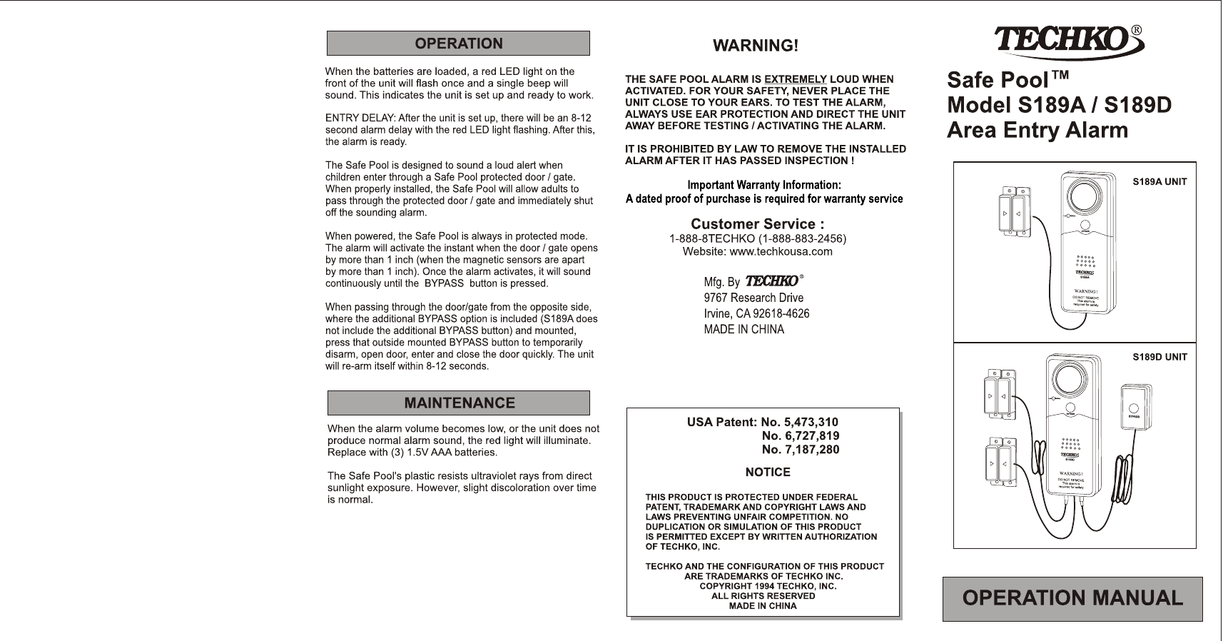 Page 1 of 2 - Techko Techko-Safe-Pool-S189A-Users-Manual- S189A S189D MANUAL  Techko-safe-pool-s189a-users-manual