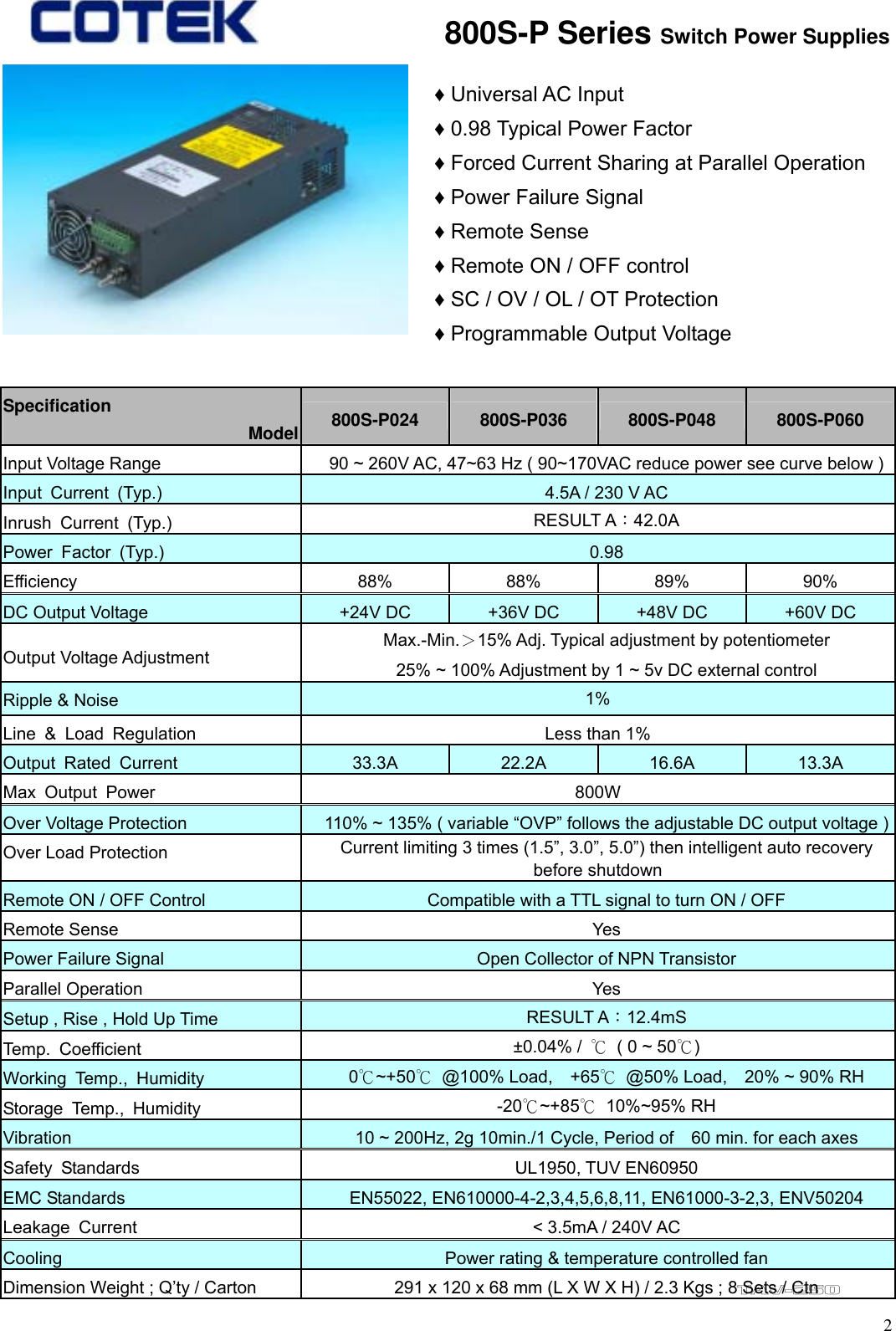       800S-P Series Switch Power Supplies ♦ Universal AC Input ♦ 0.98 Typical Power Factor   ♦ Forced Current Sharing at Parallel Operation ♦ Power Failure Signal ♦ Remote Sense ♦ Remote ON / OFF control   ♦ SC / OV / OL / OT Protection ♦ Programmable Output Voltage  Specification       Model 800S-P024  800S-P036  800S-P048  800S-P060 Input Voltage Range  90 ~ 260V AC, 47~63 Hz ( 90~170VAC reduce power see curve below )Input Current (Typ.)  4.5A / 230 V AC Inrush Current (Typ.)  RESULT A：42.0A Power Factor (Typ.)  0.98  Efficiency  88% 88% 89% 90% DC Output Voltage  +24V DC  +36V DC  +48V DC  +60V DC Output Voltage Adjustment Max.-Min.＞15% Adj. Typical adjustment by potentiometer 25% ~ 100% Adjustment by 1 ~ 5v DC external control Ripple &amp; Noise  1% Line &amp; Load Regulation  Less than 1% Output Rated Current  33.3A  22.2A  16.6A  13.3A Max Output Power  800W Over Voltage Protection  110% ~ 135% ( variable “OVP” follows the adjustable DC output voltage )Over Load Protection    Current limiting 3 times (1.5”, 3.0”, 5.0”) then intelligent auto recovery before shutdown   Remote ON / OFF Control    Compatible with a TTL signal to turn ON / OFF   Remote Sense  Yes Power Failure Signal  Open Collector of NPN Transistor Parallel Operation  Yes Setup , Rise , Hold Up Time    RESULT A：12.4mS Temp. Coefficient   ±0.04% /  ℃  ( 0 ~ 50℃) Working Temp., Humidity   0℃~+50℃ @100% Load,  +65℃  @50% Load,    20% ~ 90% RH Storage Temp., Humidity   -20℃~+85℃ 10%~95% RH Vibration   10 ~ 200Hz, 2g 10min./1 Cycle, Period of    60 min. for each axes Safety Standards   UL1950, TUV EN60950 EMC Standards    EN55022, EN610000-4-2,3,4,5,6,8,11, EN61000-3-2,3, ENV50204 Leakage Current   &lt; 3.5mA / 240V AC Cooling  Power rating &amp; temperature controlled fan   Dimension Weight ; Q’ty / Carton    291 x 120 x 68 mm (L X W X H) / 2.3 Kgs ; 8 Sets / Ctn  2TAV-250