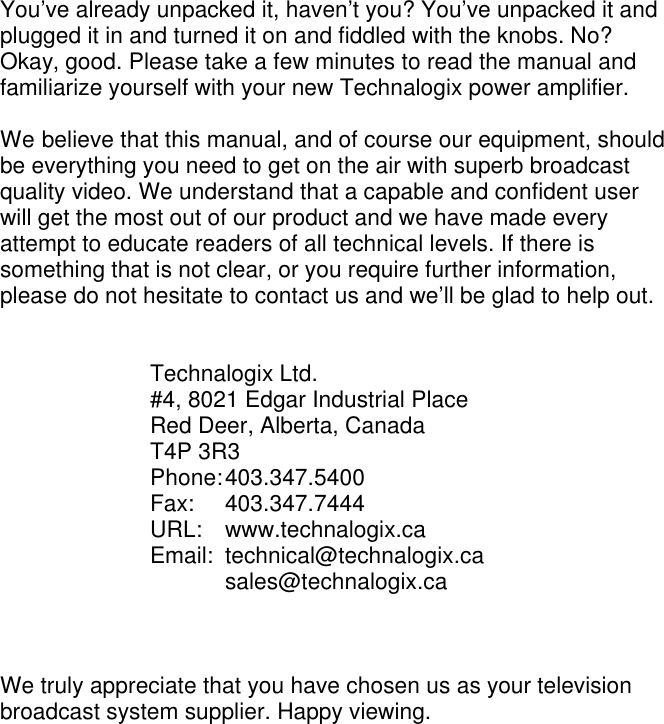 Page 2 of Technalogix TAV500L VHF TELEVISION BROADCAST AMPLIFIER User Manual Page
