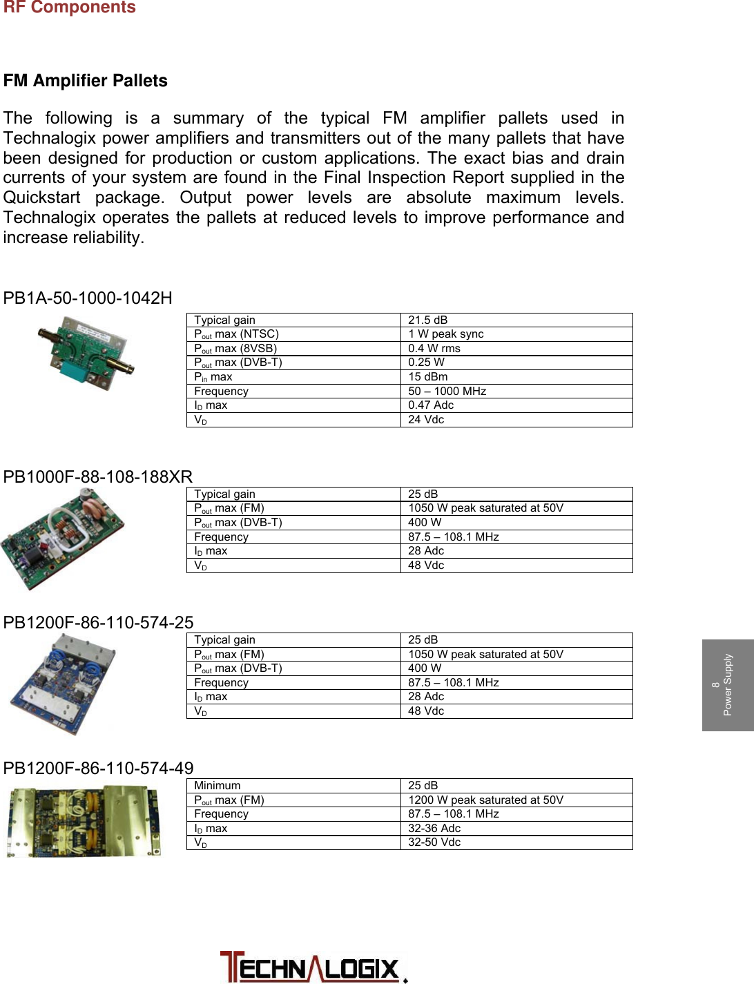         1 Safeguards  2 Terms and Warranty 3 Principle of Operation 4 Installation 5 Operation 6 Control System 7 RF Components 8 Power Supply 9 Maintenance 10 Troubleshooting RF Components  FM Amplifier Pallets The following is a summary of the typical FM amplifier pallets used in Technalogix power amplifiers and transmitters out of the many pallets that have been designed for production or custom applications. The exact bias and drain currents of your system are found in the Final Inspection Report supplied in the Quickstart package. Output power levels are absolute maximum levels. Technalogix operates the pallets at reduced levels to improve performance and increase reliability.  PB1A-50-1000-1042H Typical gain  21.5 dB Pout max (NTSC)  1 W peak sync Pout max (8VSB)  0.4 W rms Pout max (DVB-T)  0.25 W Pin max  15 dBm Frequency  50 – 1000 MHz ID max  0.47 Adc VD 24 Vdc   PB1000F-88-108-188XR Typical gain  25 dB Pout max (FM)  1050 W peak saturated at 50V Pout max (DVB-T)  400 W Frequency  87.5 – 108.1 MHz ID max  28 Adc VD 48 Vdc   PB1200F-86-110-574-25 Typical gain  25 dB Pout max (FM)  1050 W peak saturated at 50V Pout max (DVB-T)  400 W Frequency  87.5 – 108.1 MHz ID max  28 Adc VD 48 Vdc   PB1200F-86-110-574-49 Minimum 25 dB Pout max (FM)  1200 W peak saturated at 50V Frequency  87.5 – 108.1 MHz ID max  32-36 Adc VD 32-50 Vdc    
